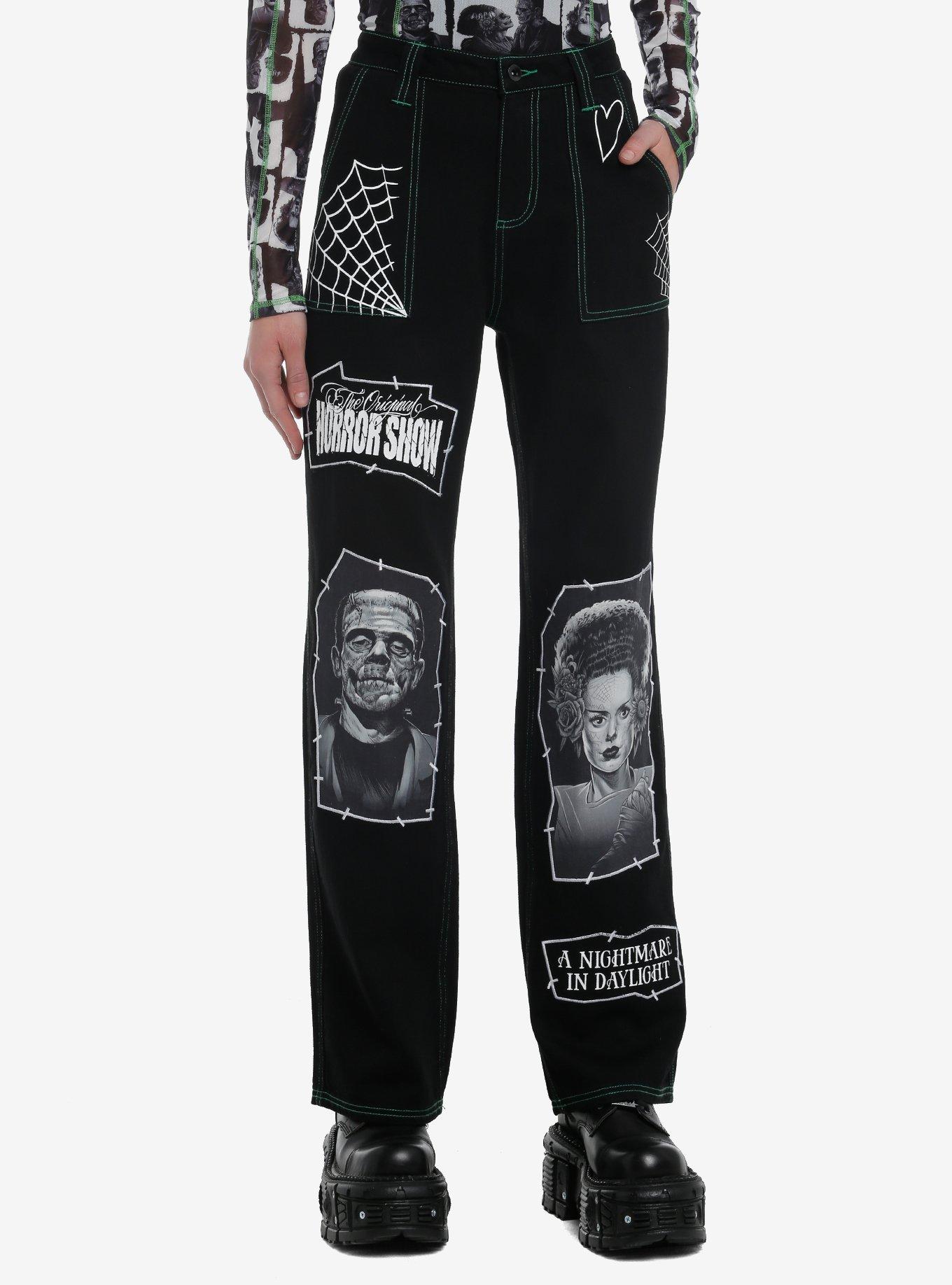 Universal Monsters X Maxx242 Frankenstein & The Bride Of Frankenstein Patches Wide Leg Jeans Hot Topic Exclusive, , hi-res