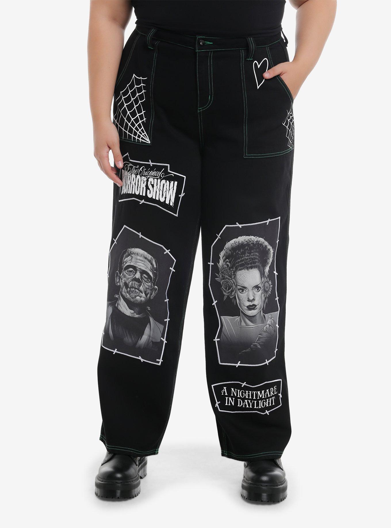 Universal Monsters X Maxx242 Frankenstein & The Bride Of Frankenstein Patches Wide Leg Jeans Plus Size Hot Topic Exclusive, , hi-res