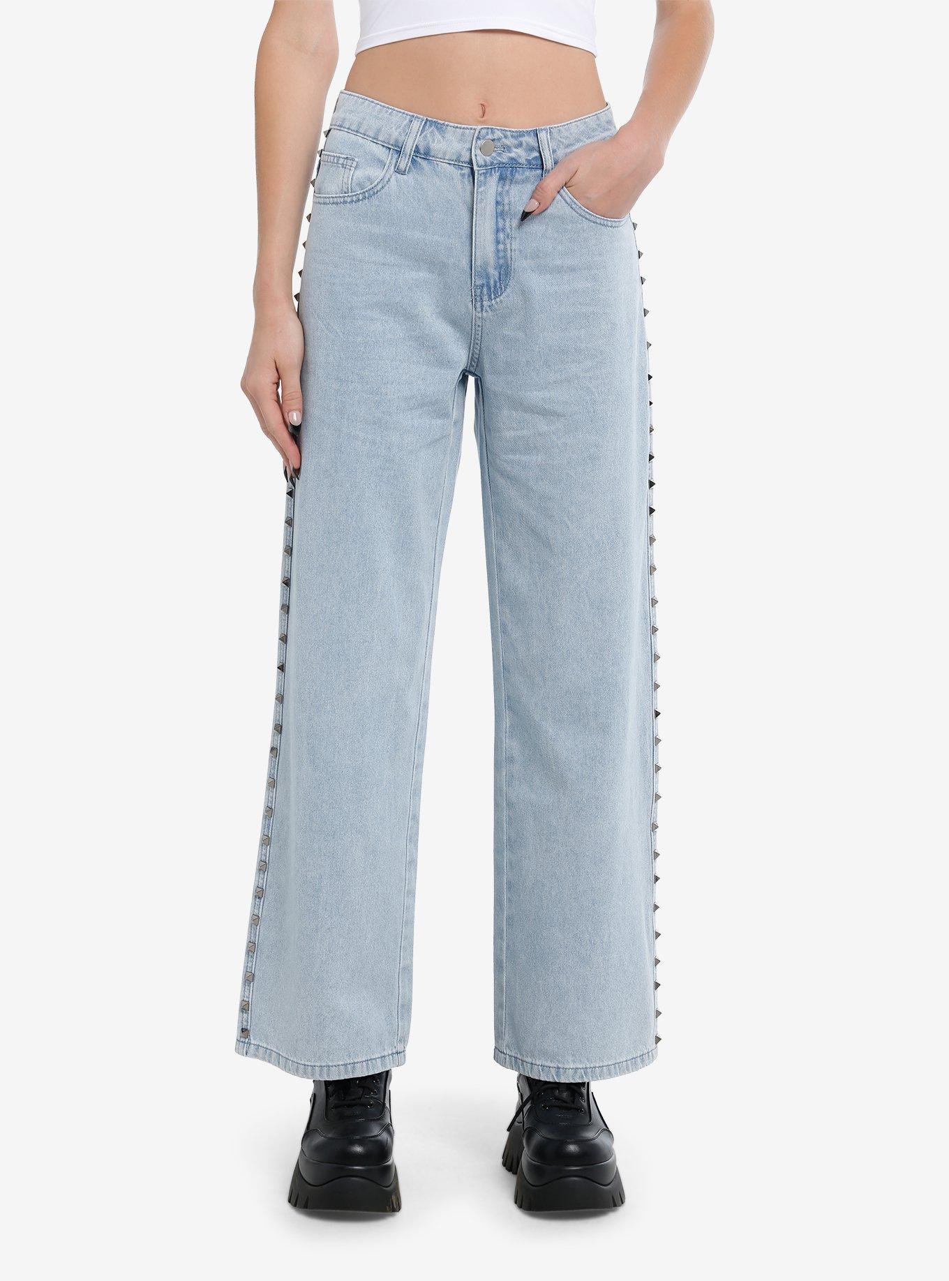 Light Blue Studded Wide-Leg Jeans, INDIGO, hi-res