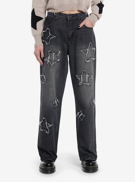 Black Frayed Star Patch Wide Leg Denim Pants | Hot Topic Black Frayed Star Patch Wide Leg Denim Pants | Hot Topic