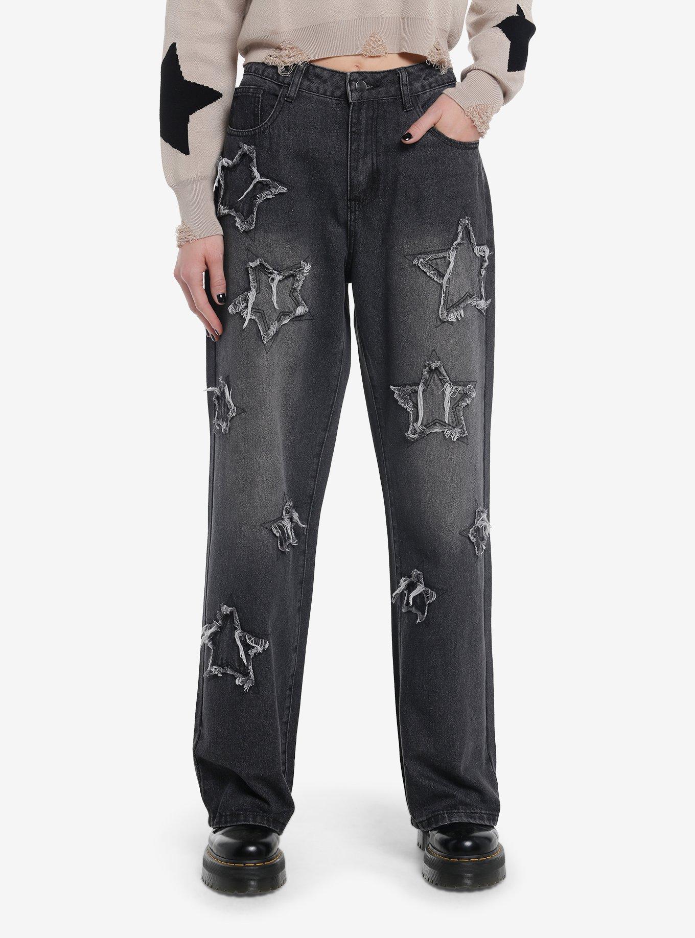 Black Frayed Star Patch Wide Leg Denim Pants, , hi-res