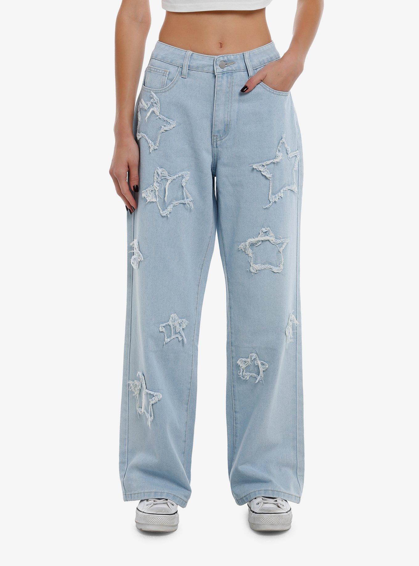 Light Blue Star Patches Girls Wide Leg Jeans, BLUE, hi-res