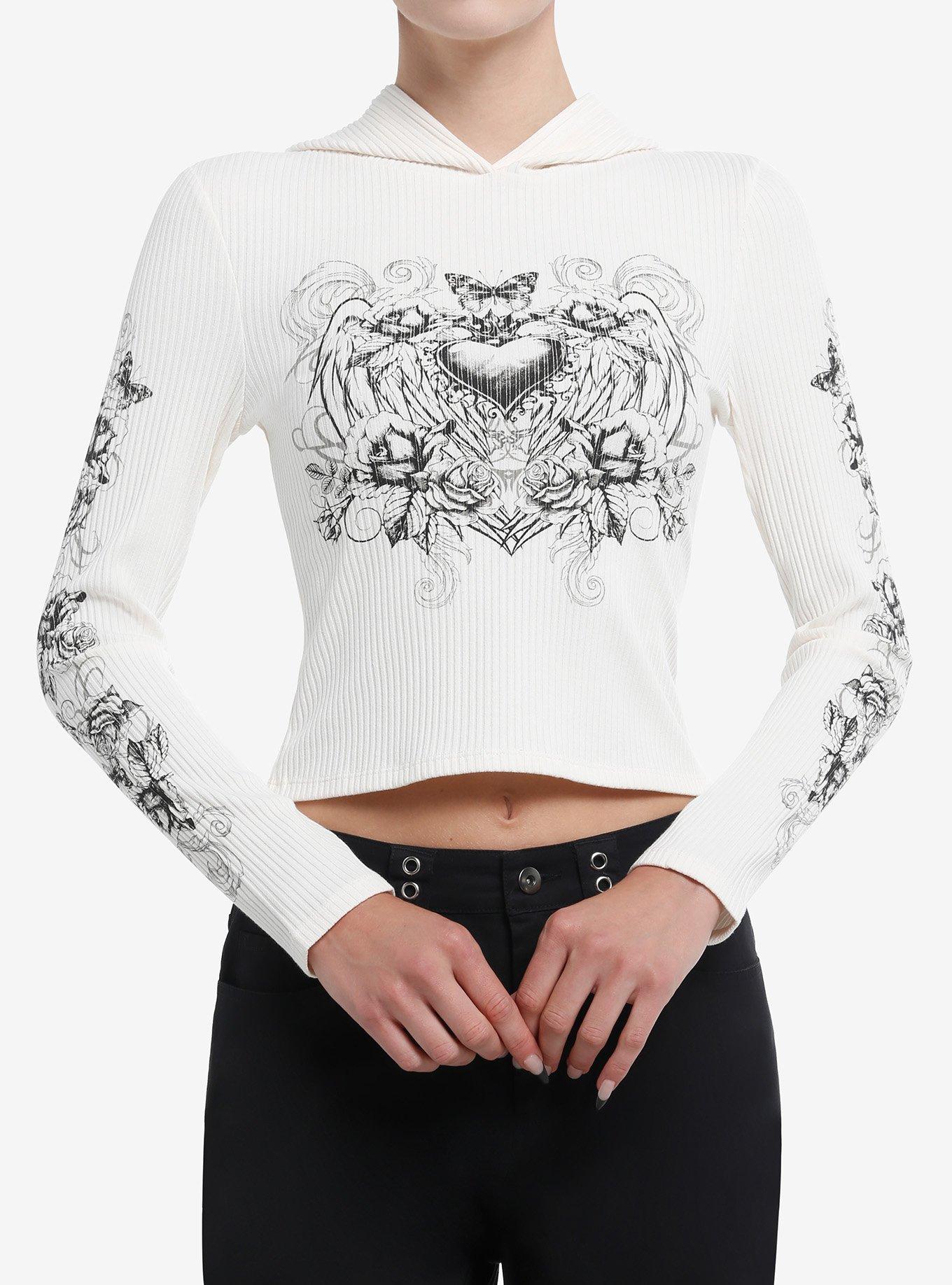 Winged Heart & Roses Ivory Ribbed Girls Hooded Top, , hi-res
