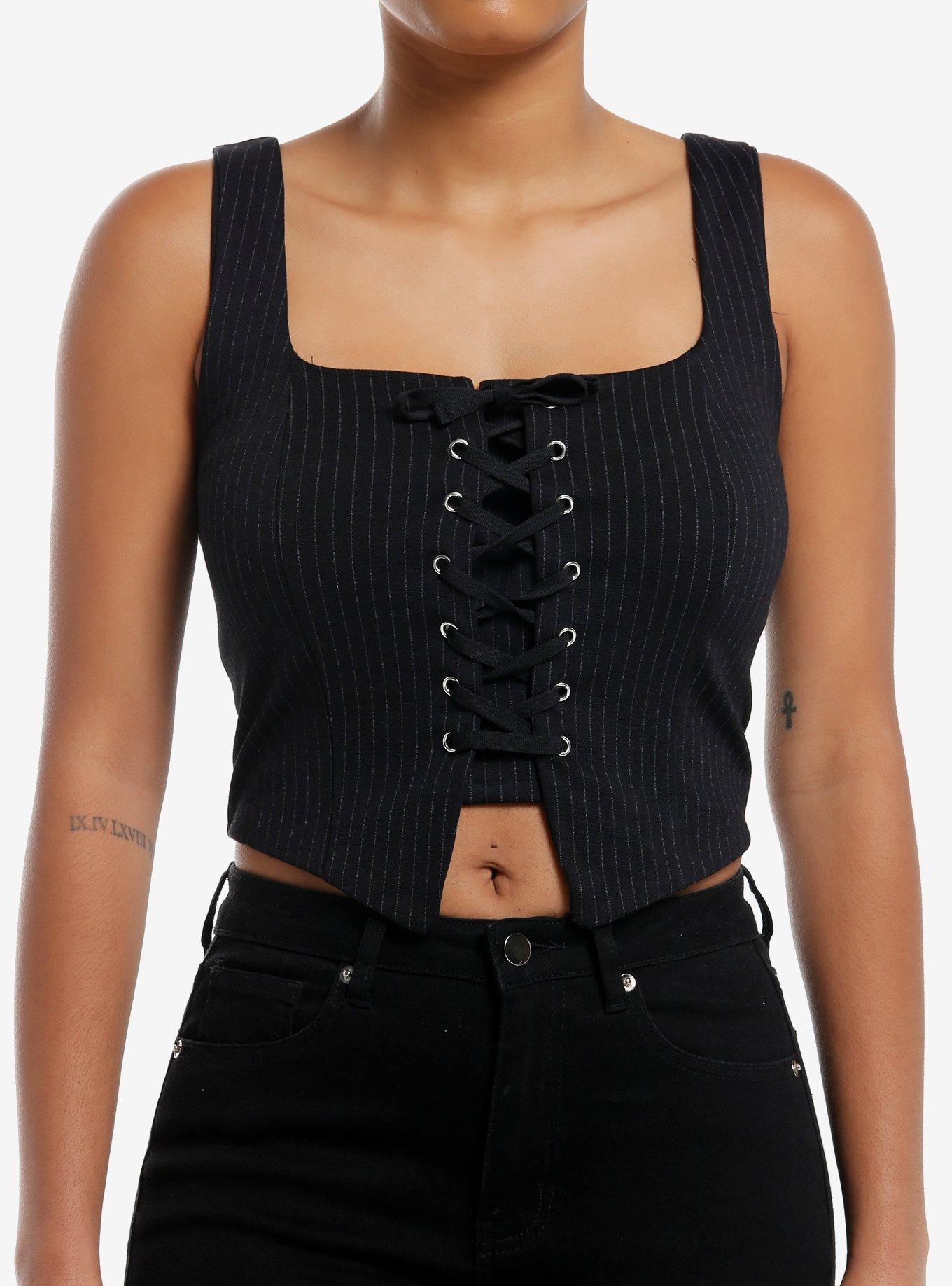 Black Pinstripe Lace-Up Girls Tank Top