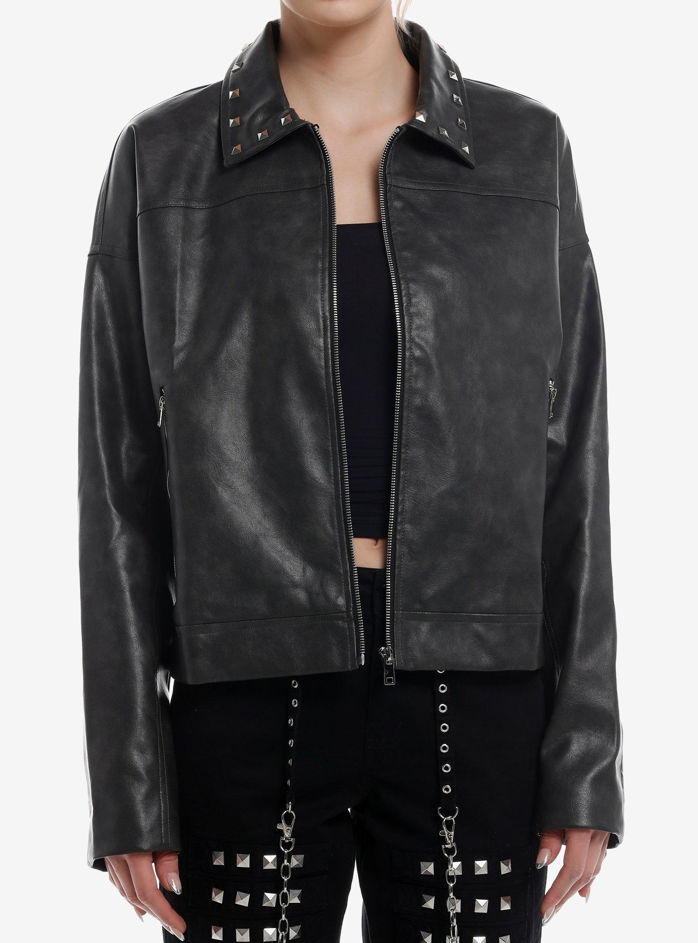 Grey Wash Pyramid Stud Girls Faux Leather Jacket, , hi-res
