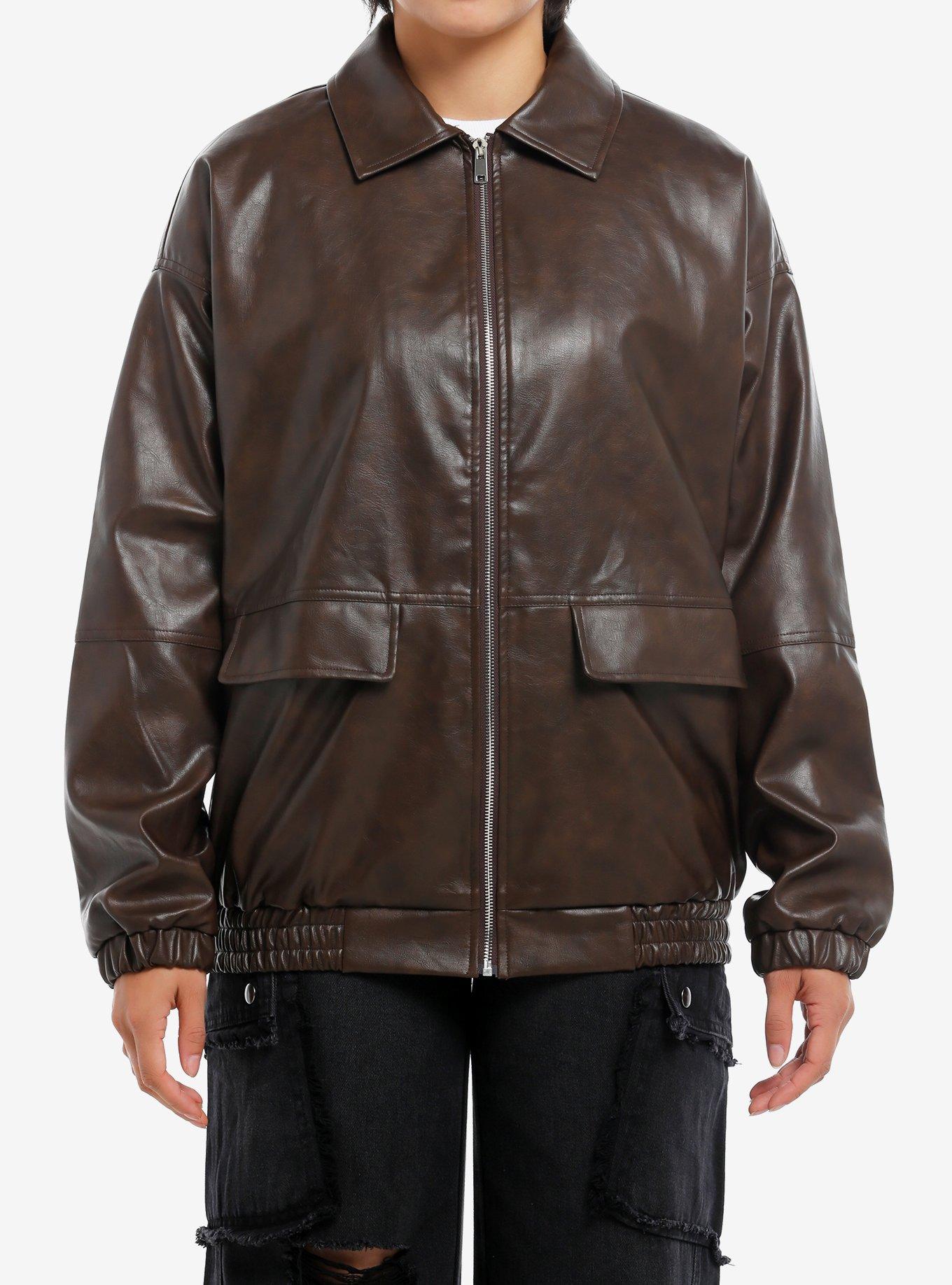 Daisy Street Heart Embroidered Brown Faux Leather Girls Jacket, , hi-res