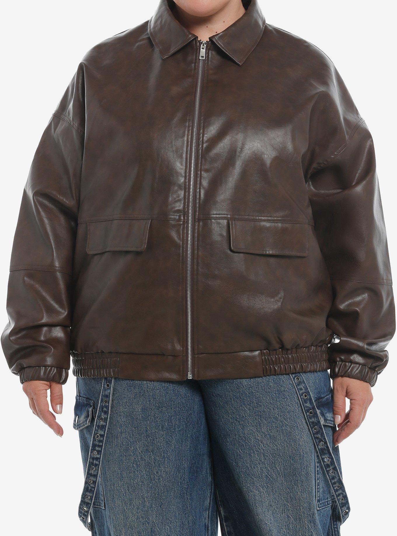 Daisy Street Heart Embroidered Brown Faux Leather Girls Jacket Plus Size, , hi-res