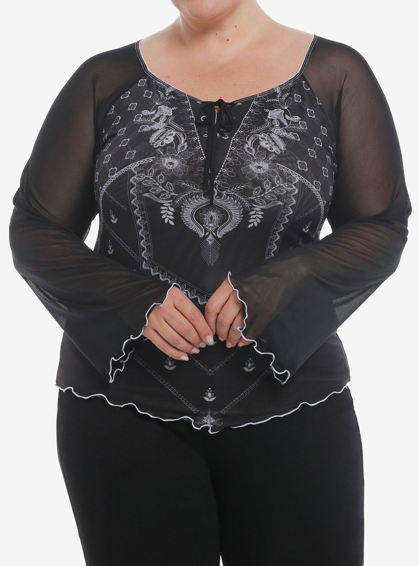 Cosmic Aura Floral Bandana Print Bell Sleeve Girls Top Plus Size, BLACK, hi-res