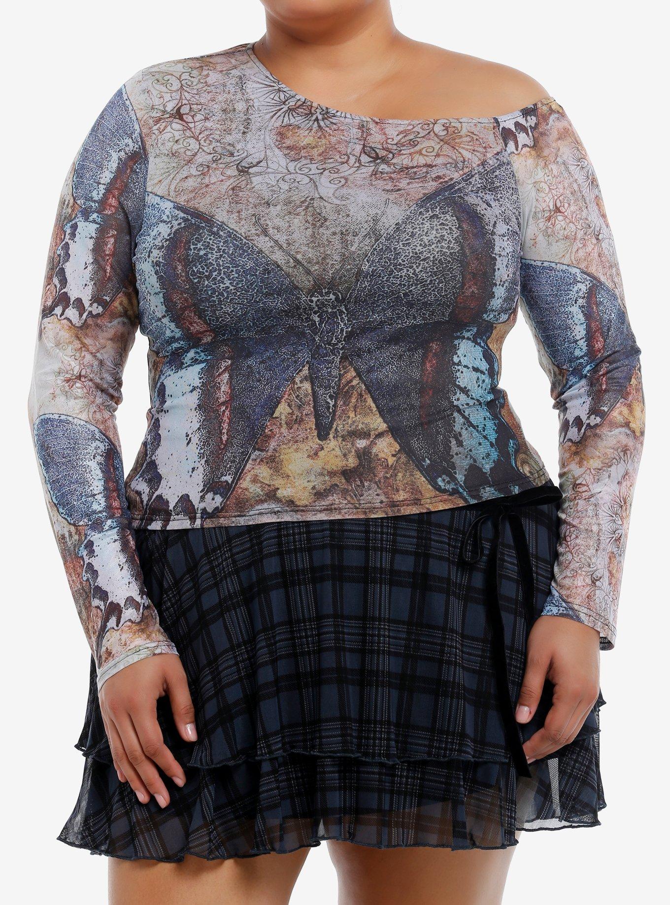 Thorn & Fable Butterfly Mosaic Off-The-Shoulder Girls Long-Sleeve Top Plus Size, , hi-res