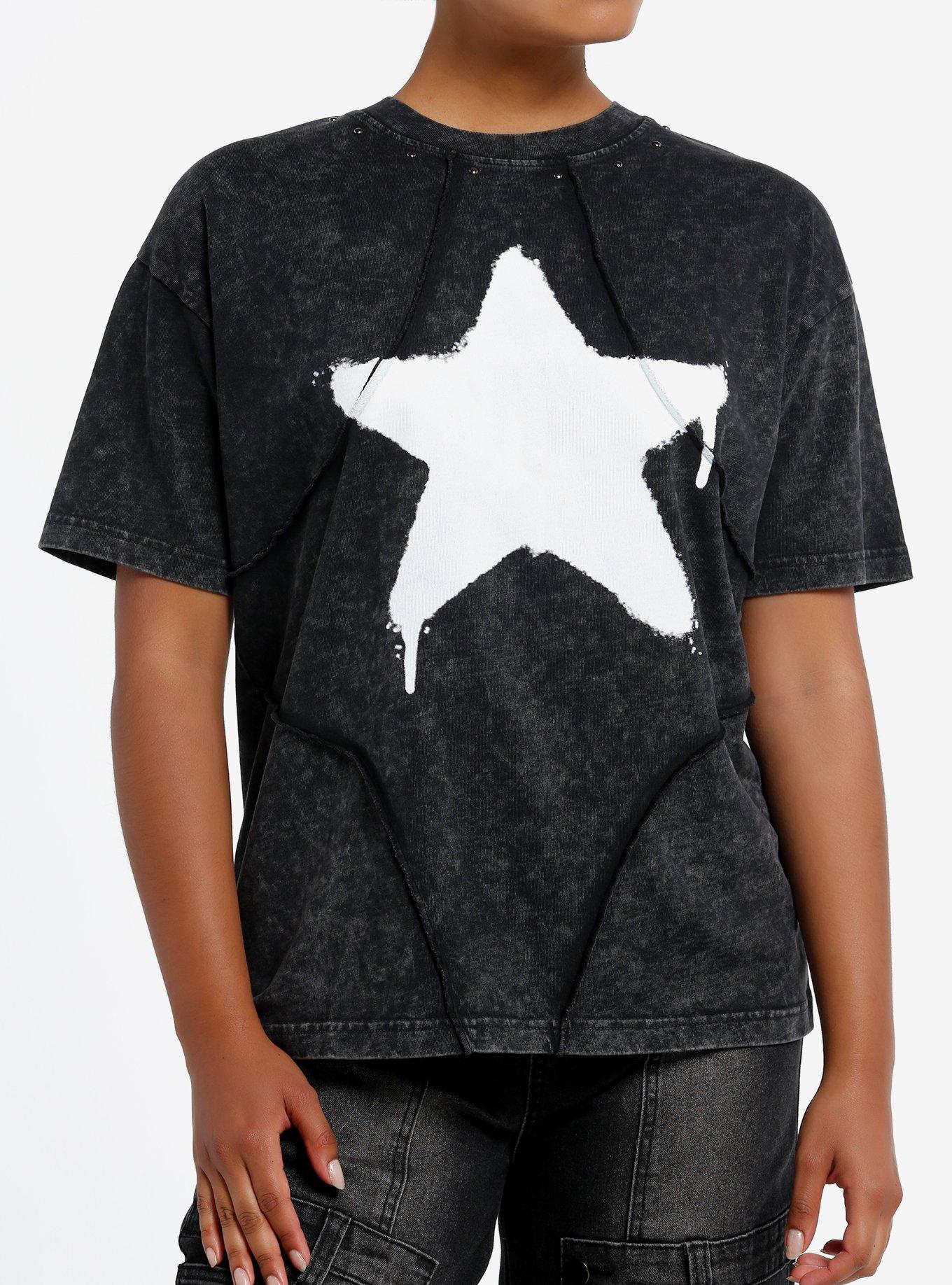 Social Collision Graffiti Star Stitch Dark Wash Girls Oversized T-Shirt