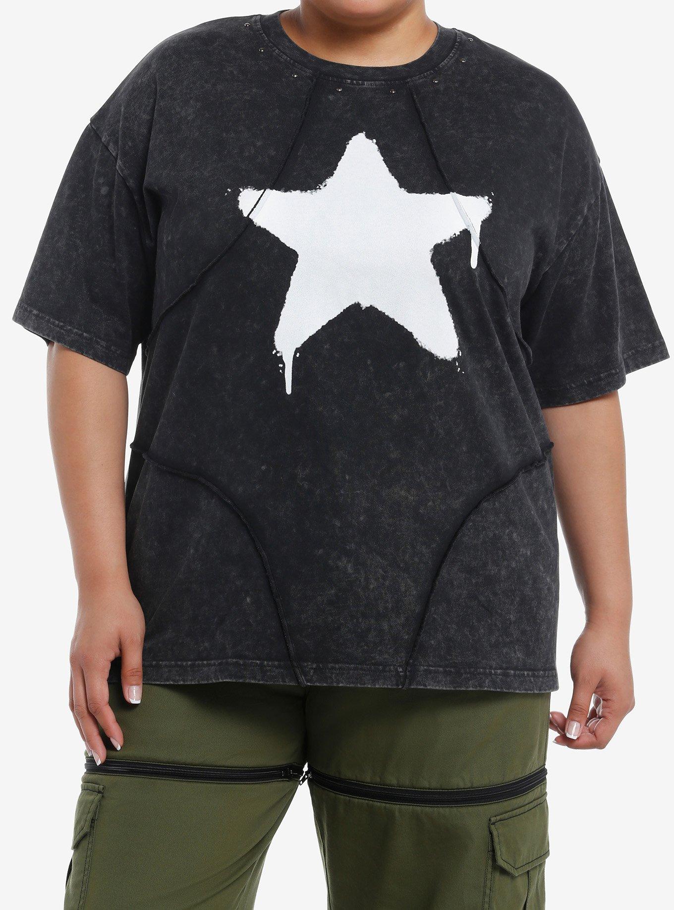 Social Collision Graffiti Star Stitch Dark Wash Girls Oversized T-Shirt Plus Size, , hi-res