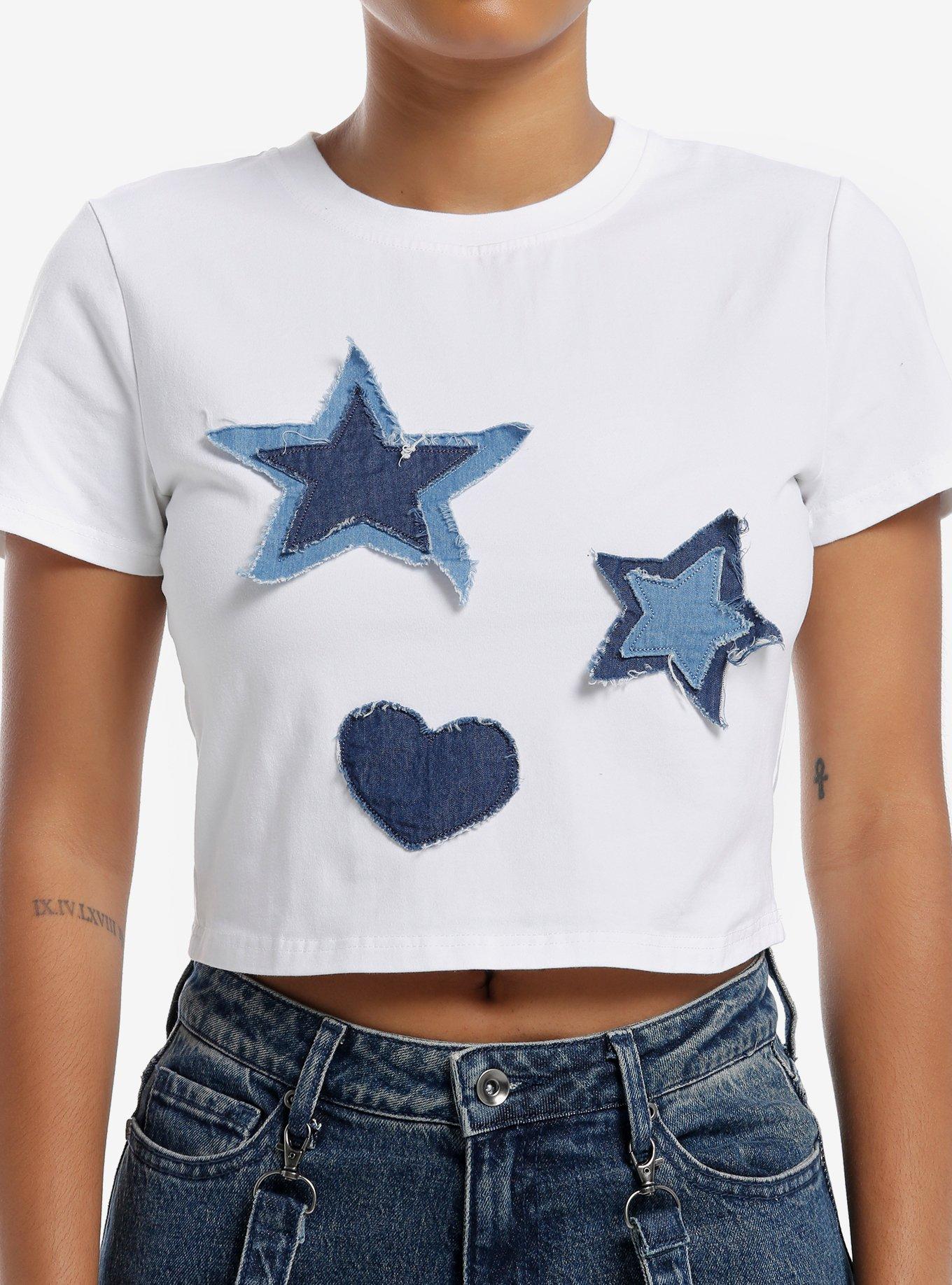 Social Collision Star & Heart Denim Patches Girls Crop T-Shirt