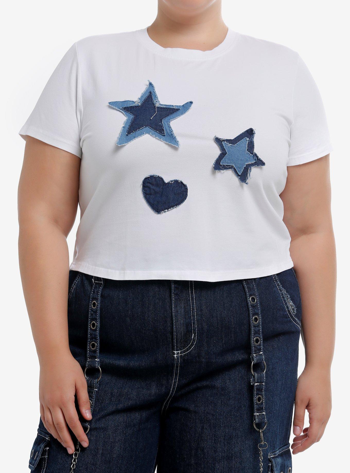 Social Collision Star & Heart Denim Patches Girls Crop T-Shirt Plus