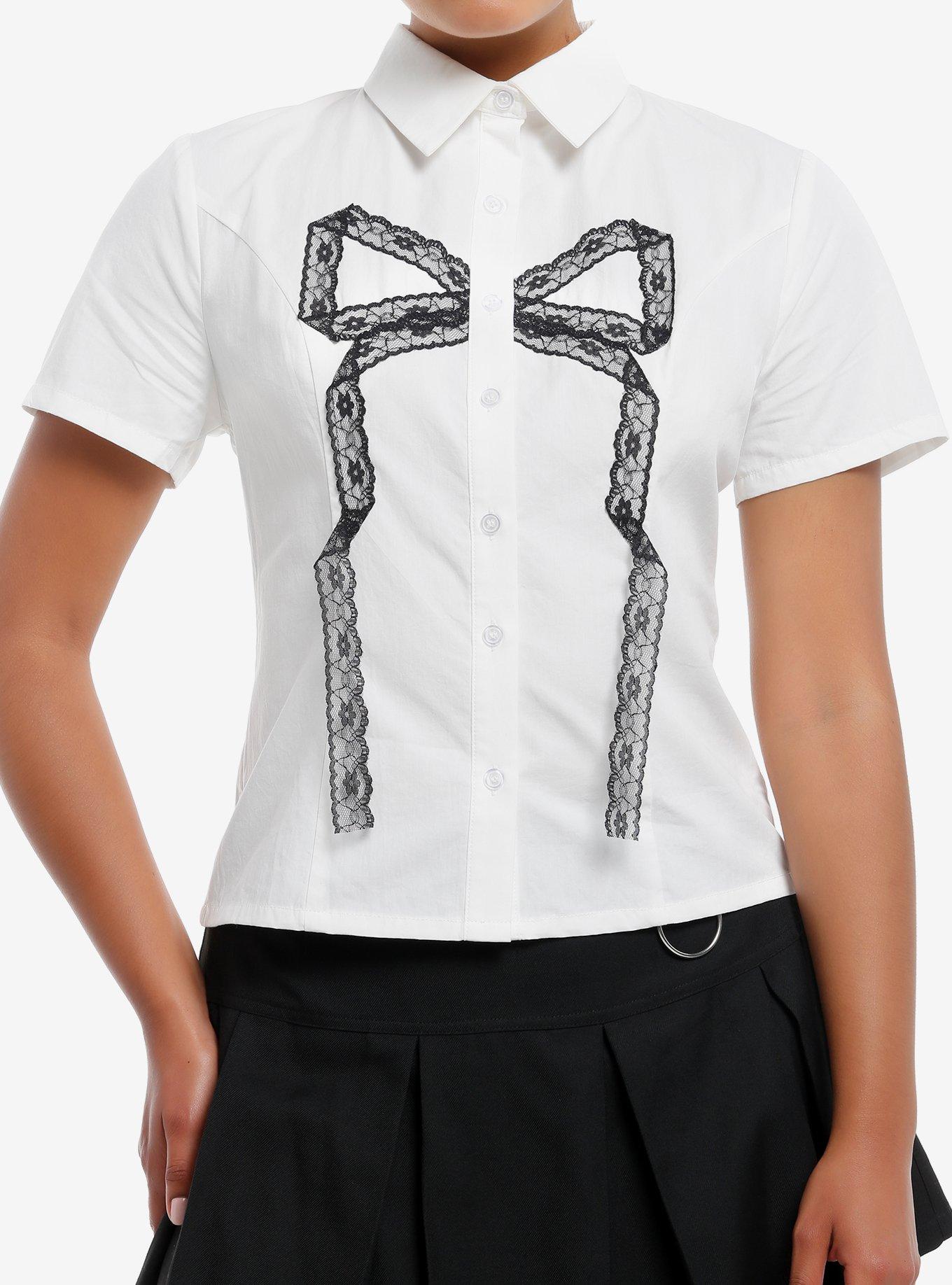 Social Collision Black Lace Ribbon Girls Woven Button-Up, , hi-res