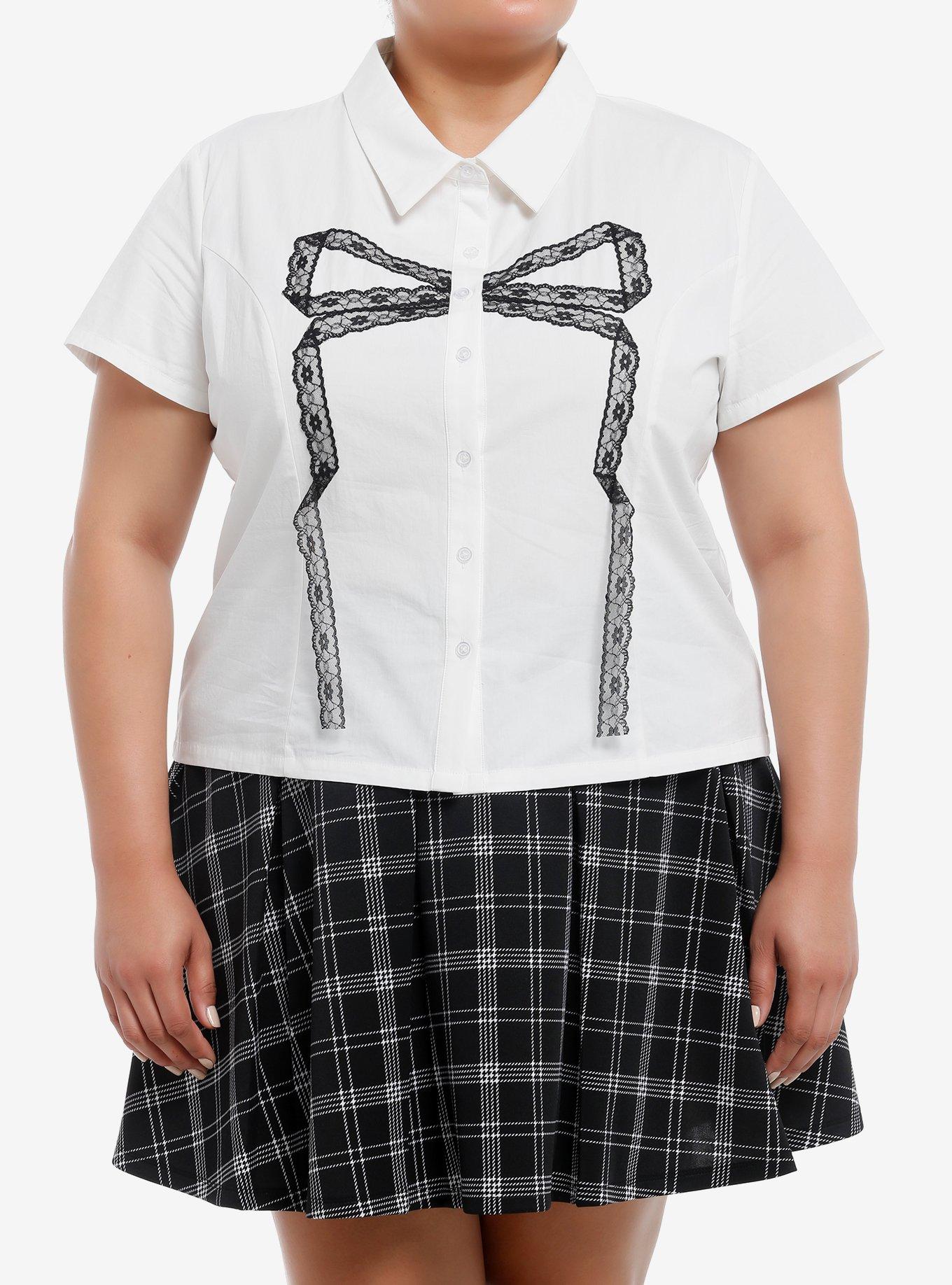 Social Collision Black Lace Ribbon Girls Woven Button-Up Plus Size, , hi-res
