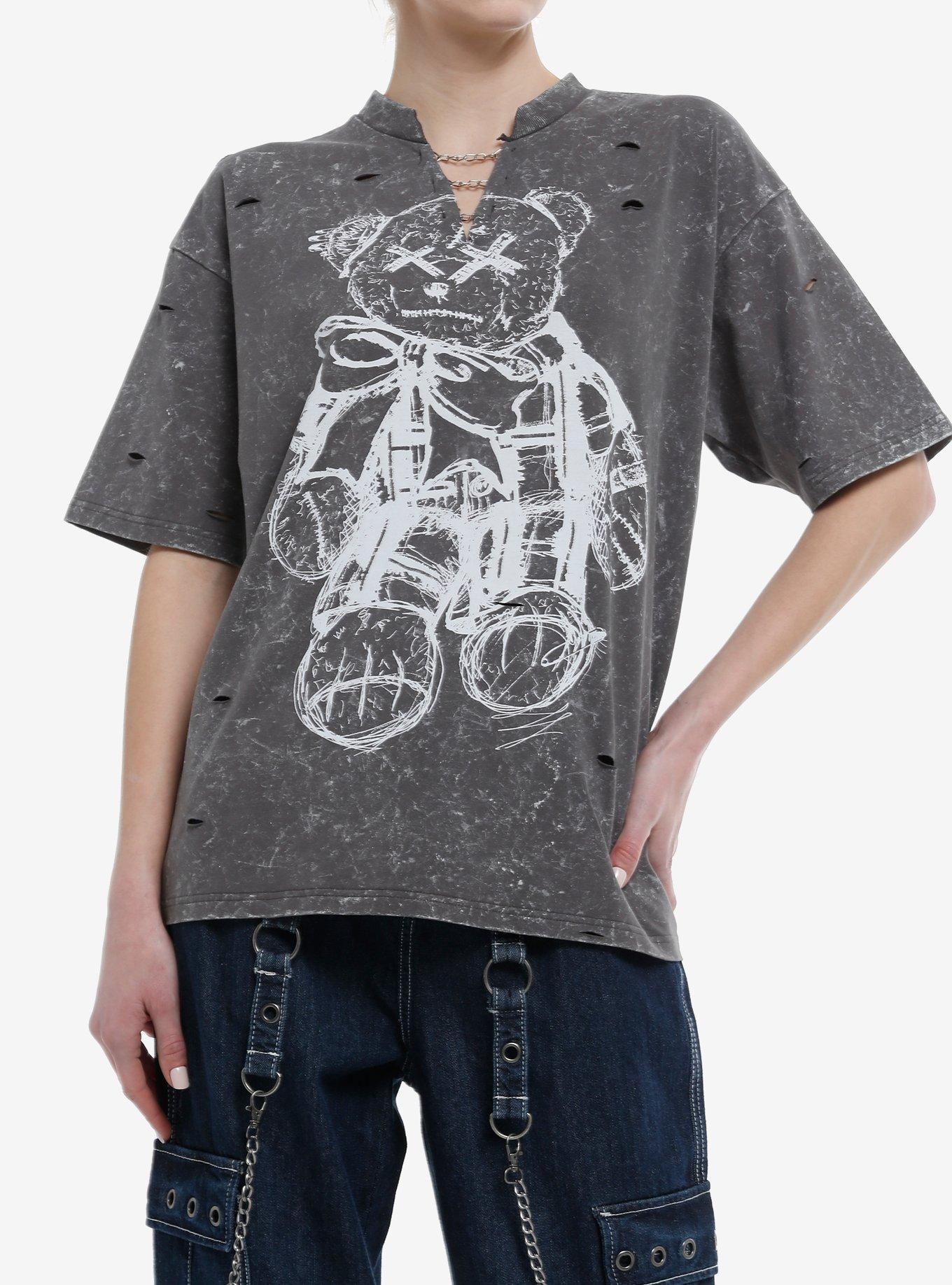 Punk Teddy Bear Destructed Grey Wash Girls Oversized T-Shirt, , hi-res