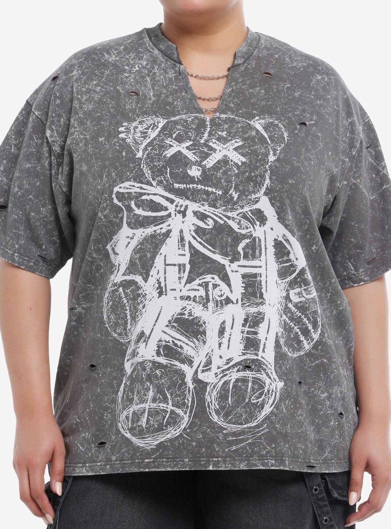 Punk Teddy Bear Destructed Grey Wash Girls Oversized T-Shirt Plus