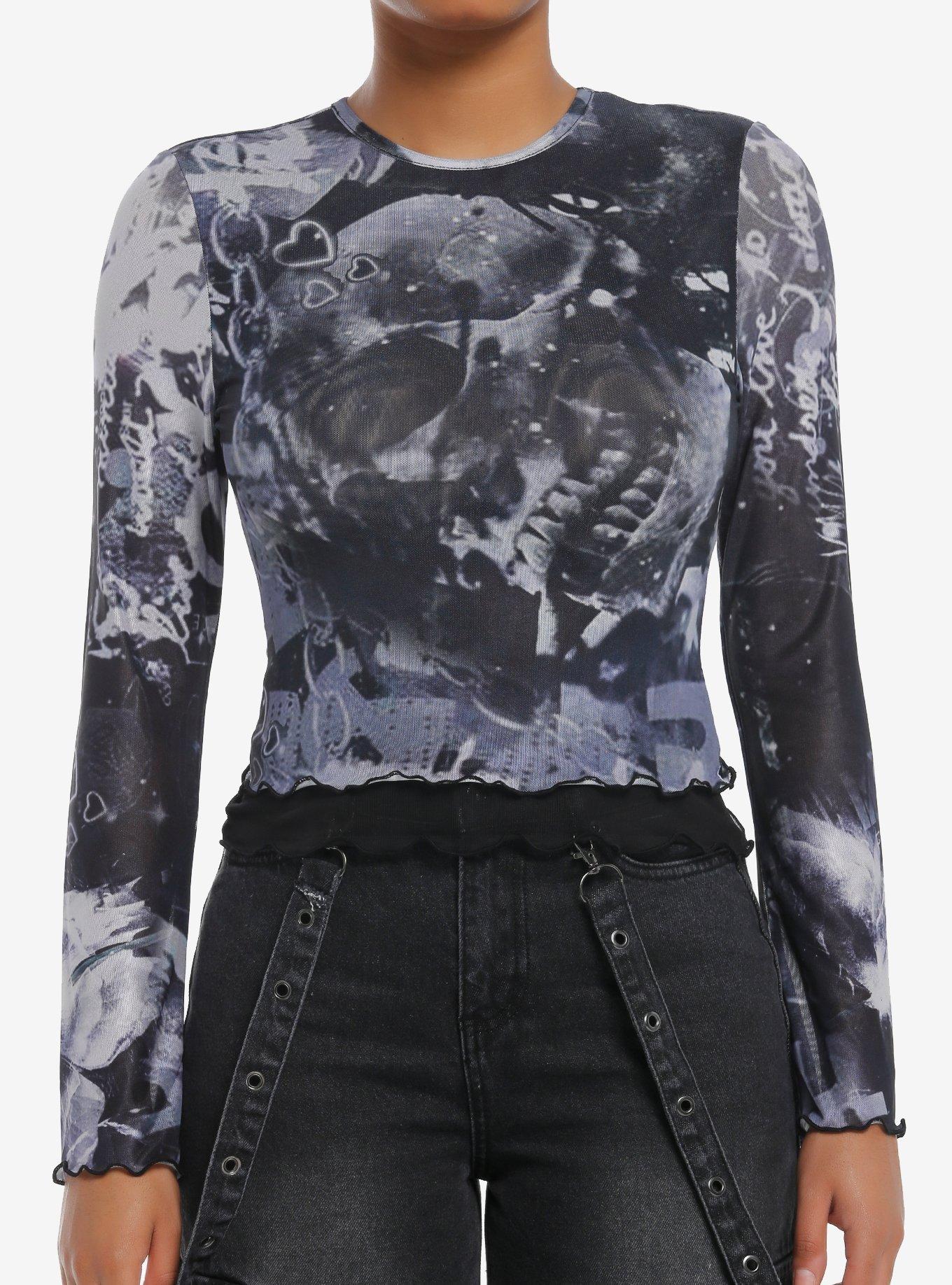 Skull & Chains Double Mesh Girls Long-Sleeve Top, , hi-res