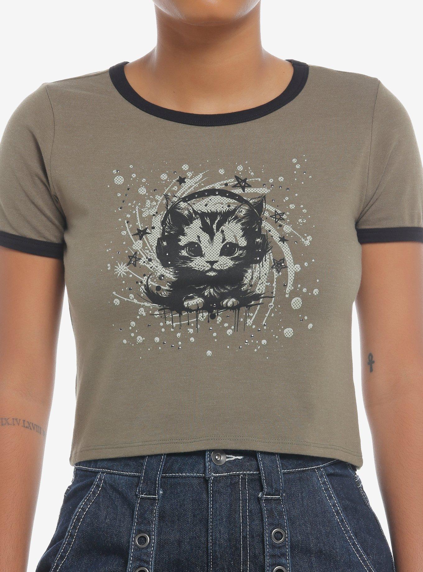 Social Collision Cat Rhinestone Girls Ringer Baby T-Shirt, , hi-res