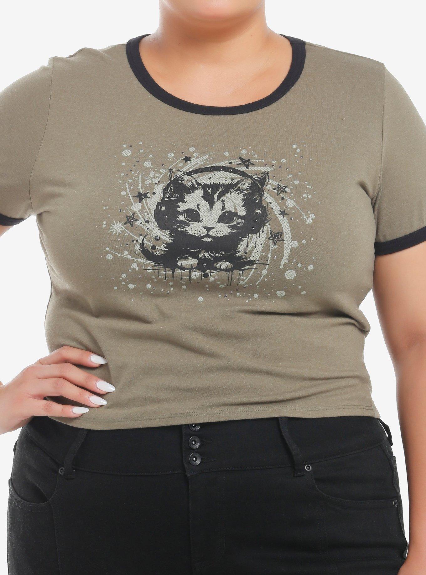 Social Collision Cat Rhinestone Girls Ringer Baby T-Shirt Plus Size, BLACK, hi-res