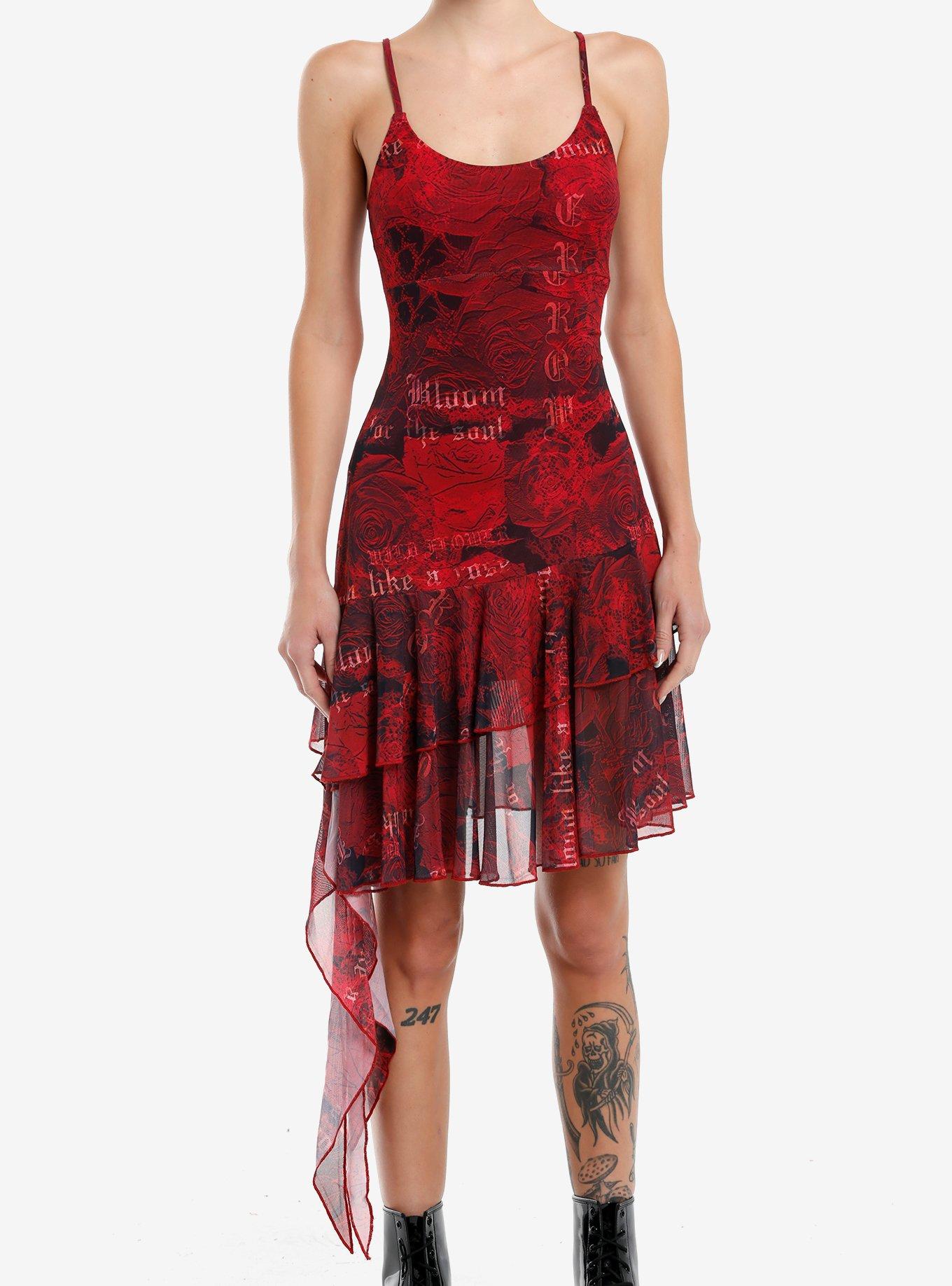 Red Paisley Rose Ruffle Asymmetrical Dress, , hi-res
