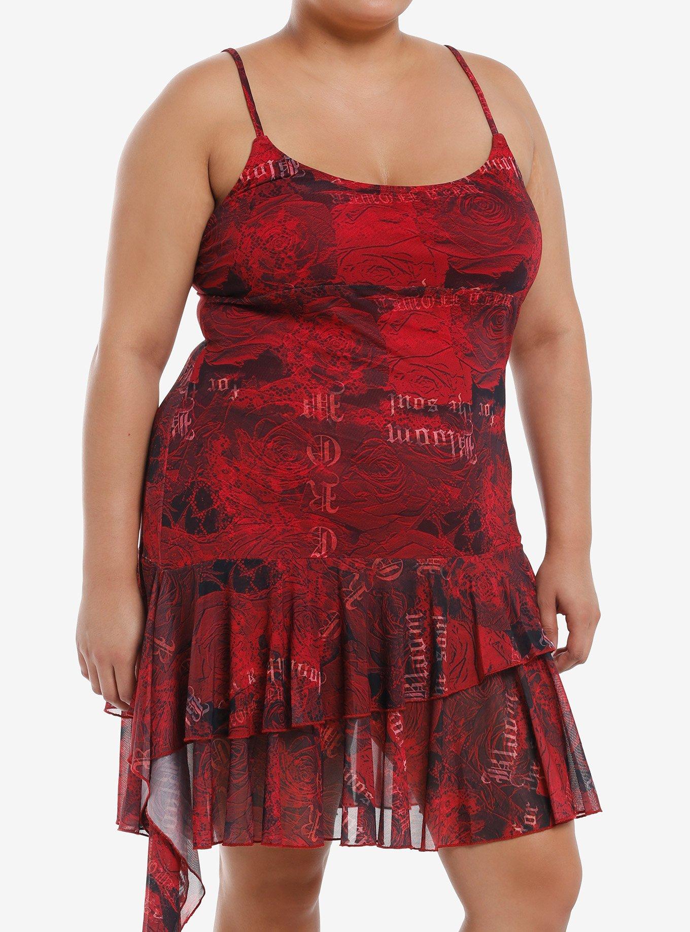 Red Paisley Rose Ruffle Asymmetrical Dress Plus Size, BLACK, hi-res