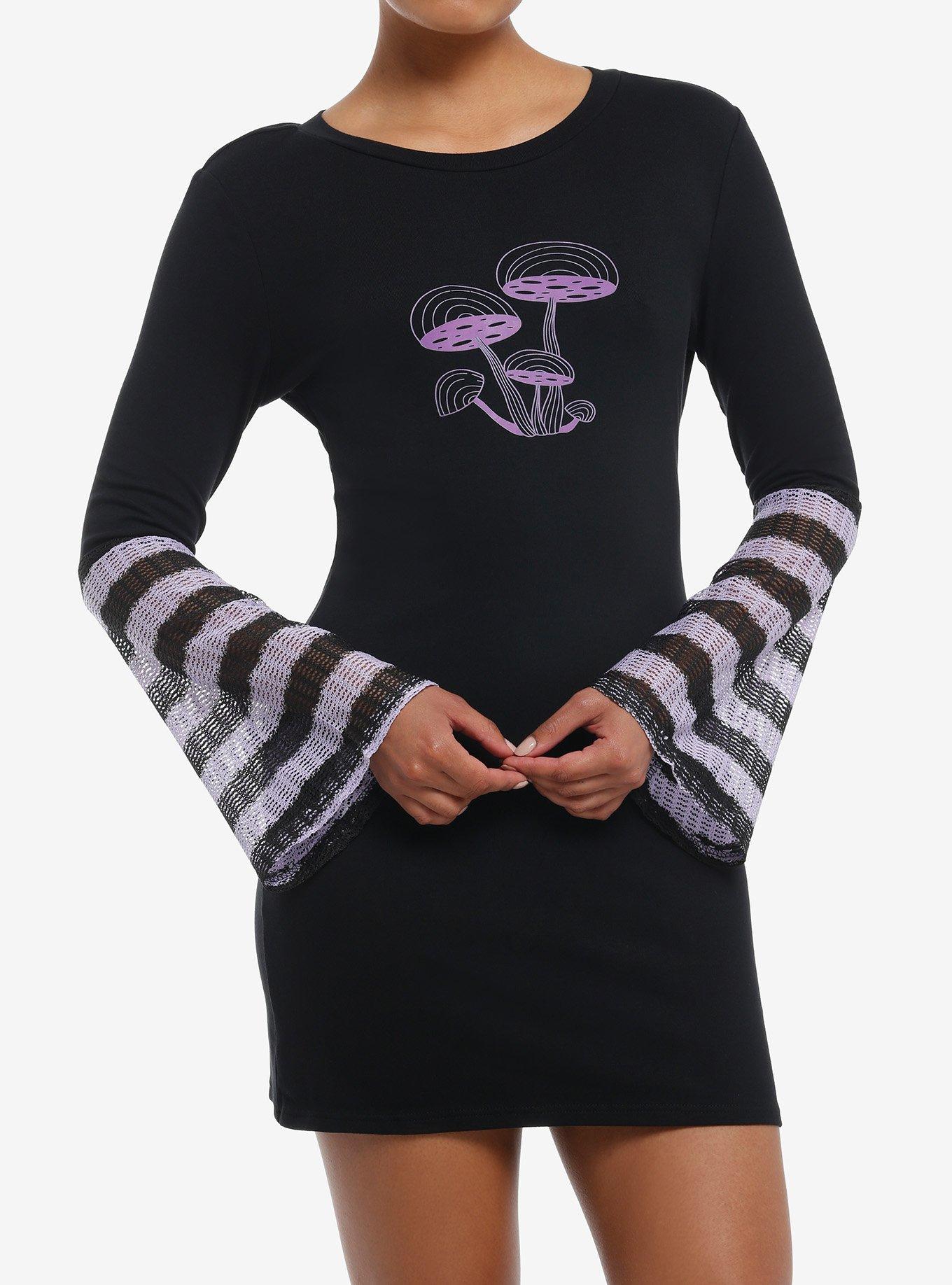 Purple Mushroom Knit Bell Sleeve Dress, BLACK, hi-res