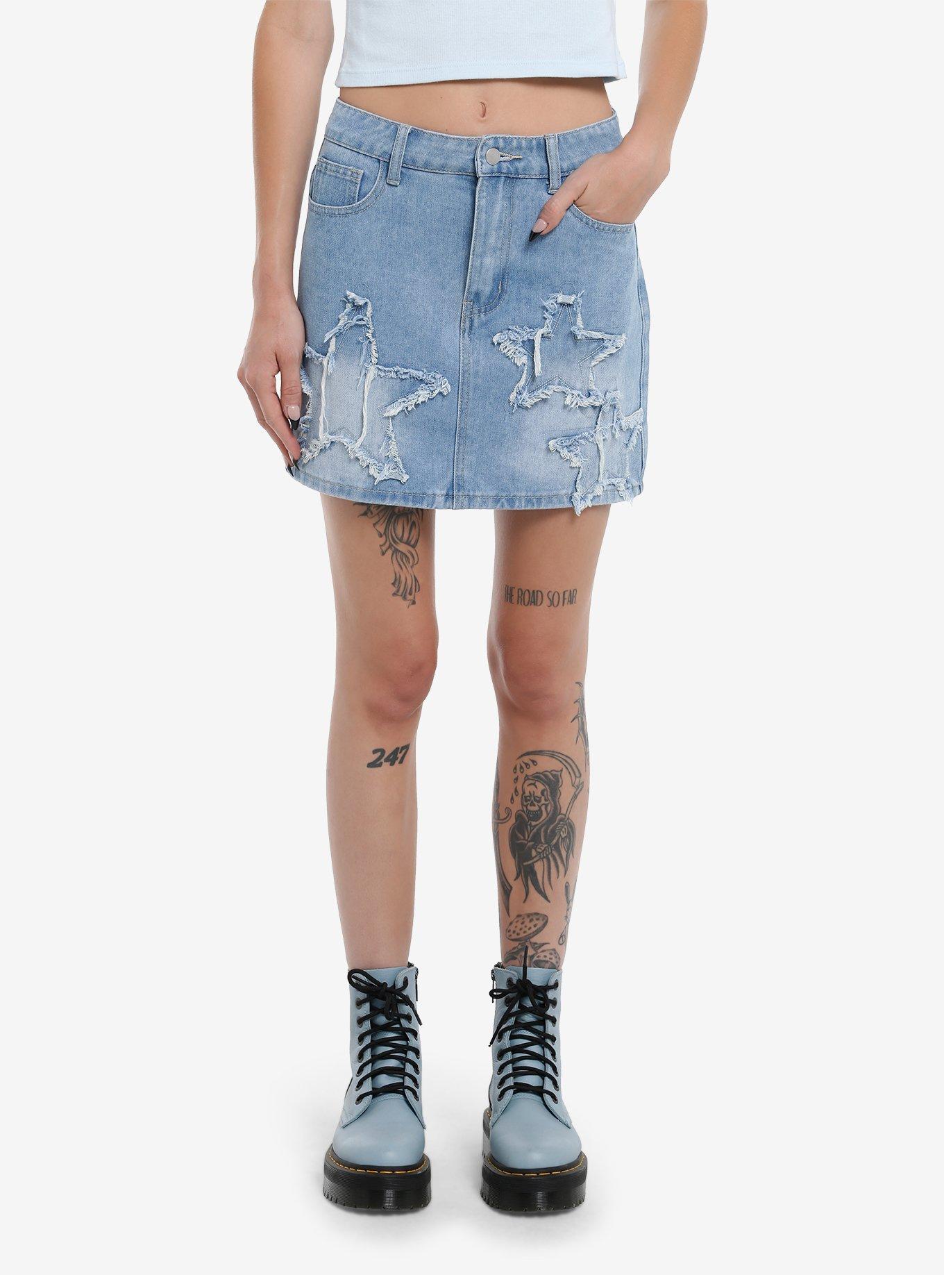 Light Indigo Frayed Star Patches Denim Mini Skirt, , hi-res