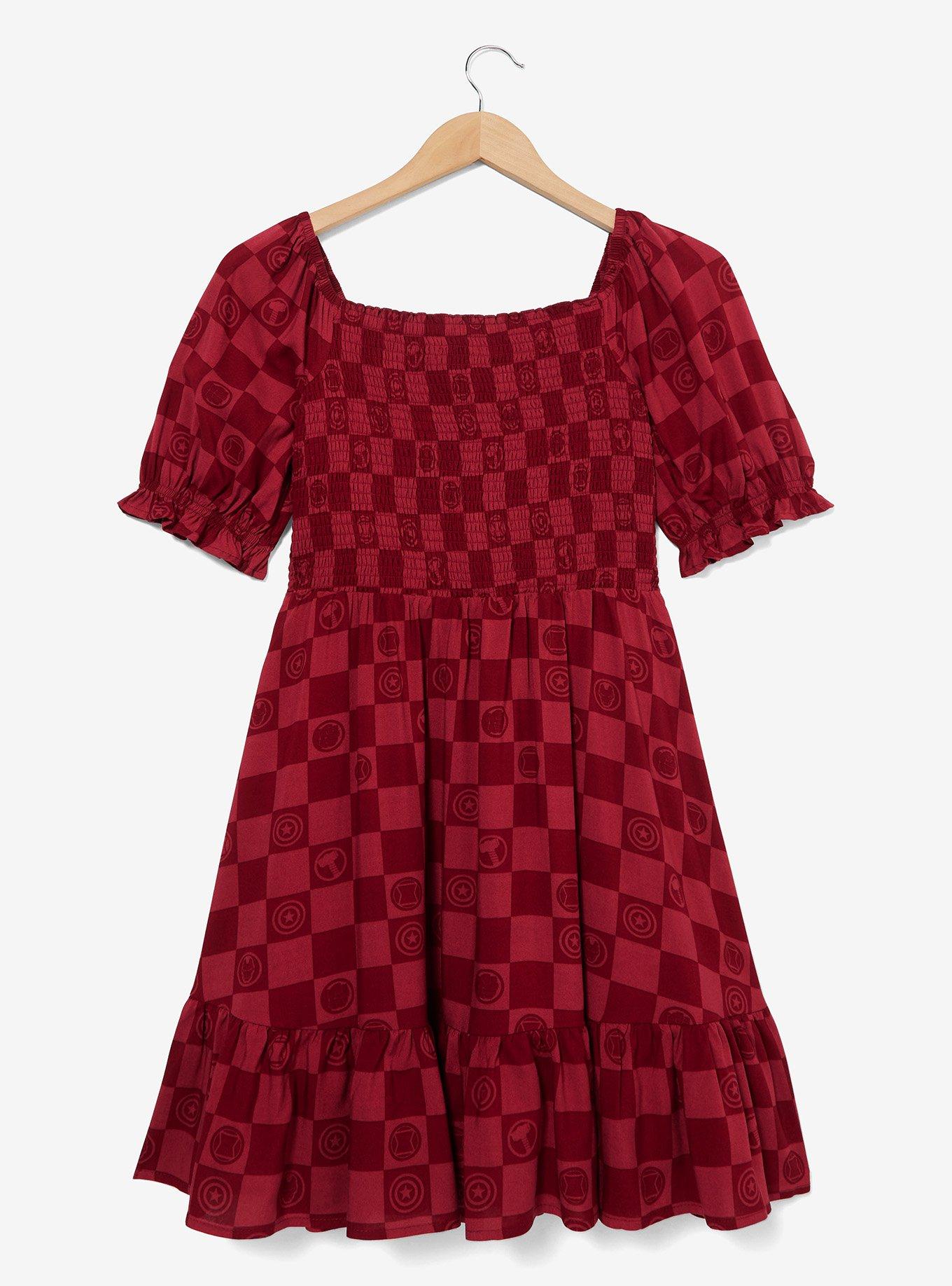 Marvel Avengers Icons Checkered Plus Size Smock Dress - BoxLunch Exclusive, MAROON, hi-res