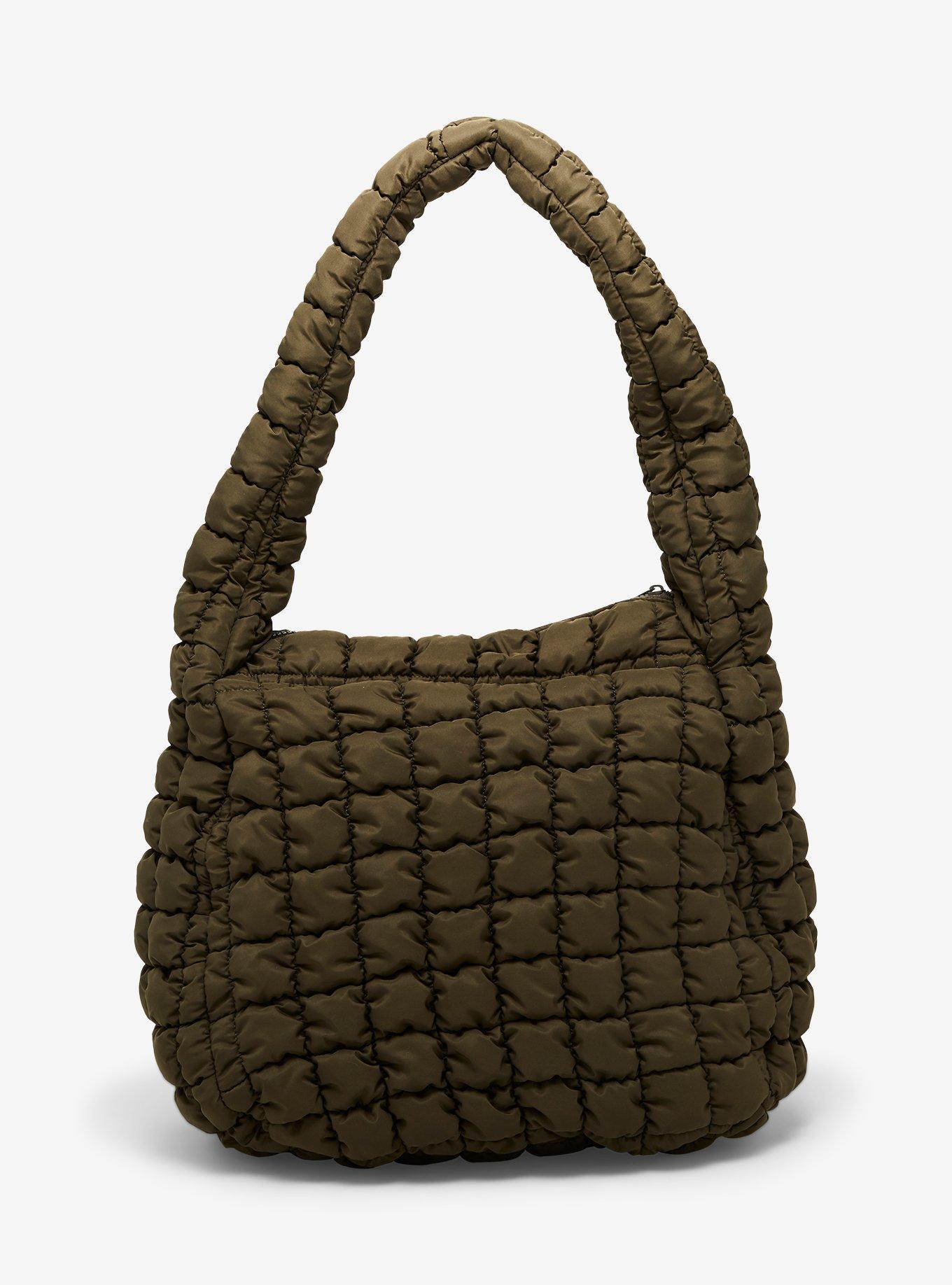Army Green Quilted Puffer Shoulder Tote Bag, , hi-res