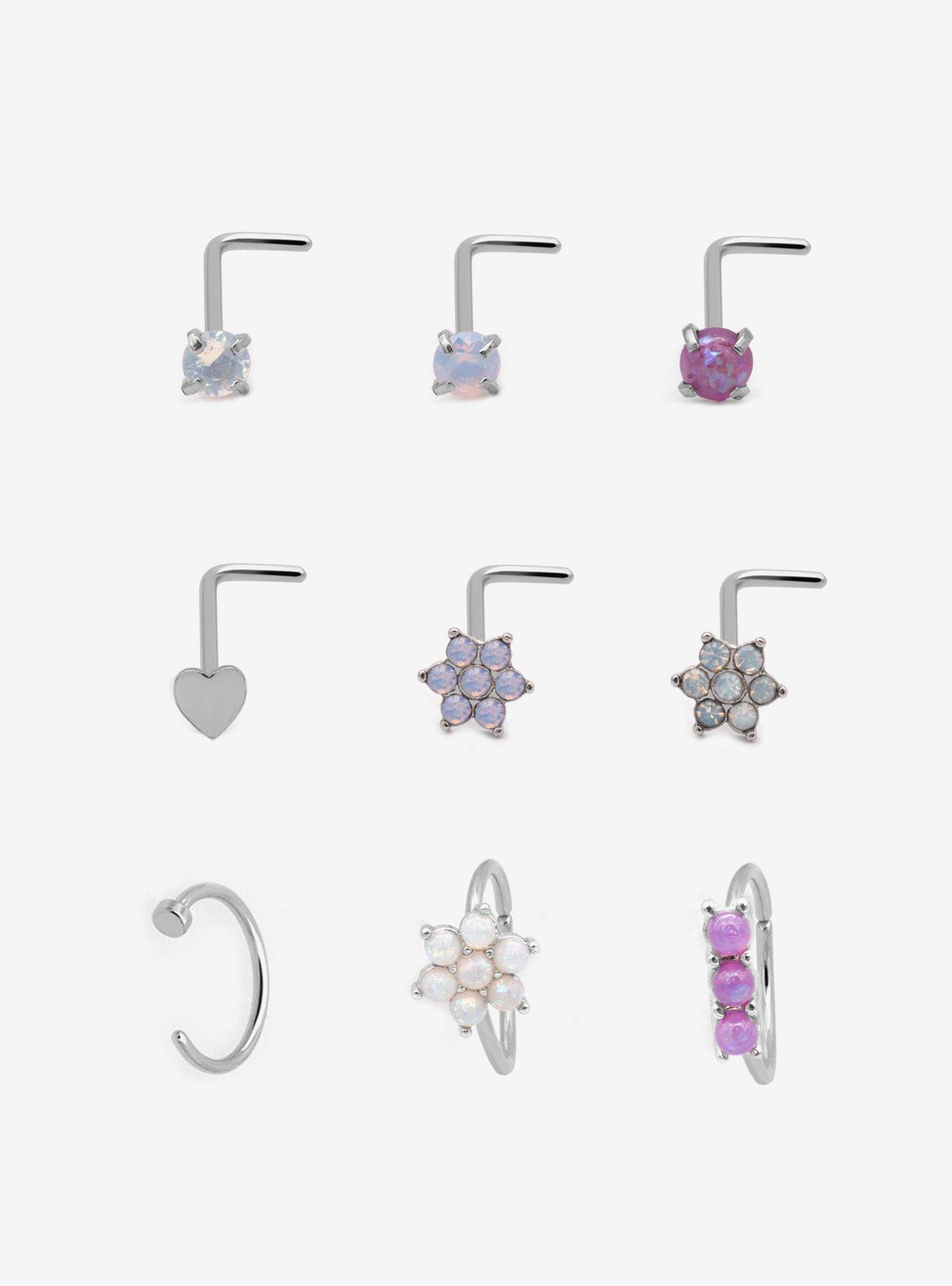 Steel Purple Flower Nose Stud & Hoop 9 Pack, , hi-res