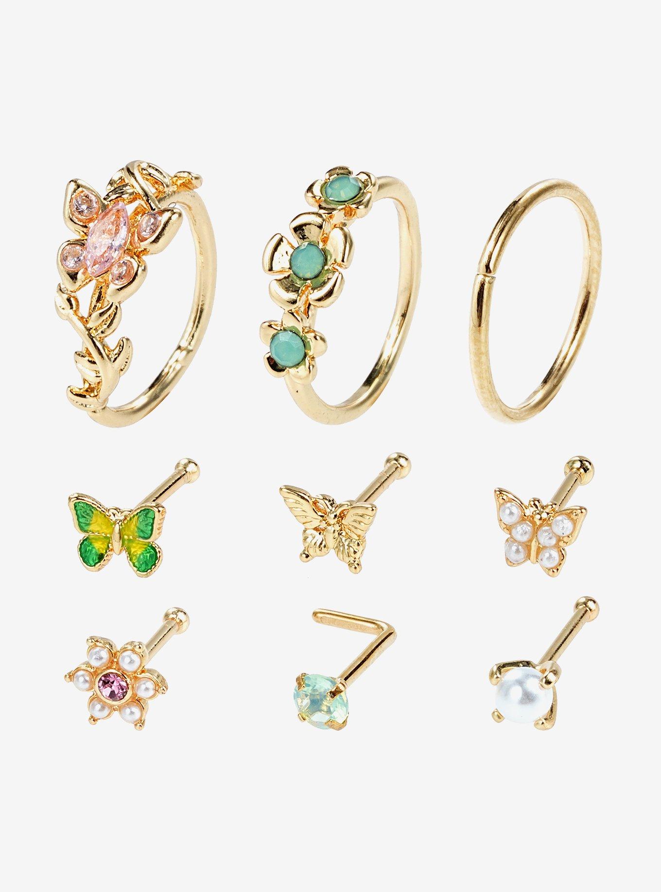Steel Gold Butterfly Flower Nose Stud & Hoop 9 Pack, , hi-res