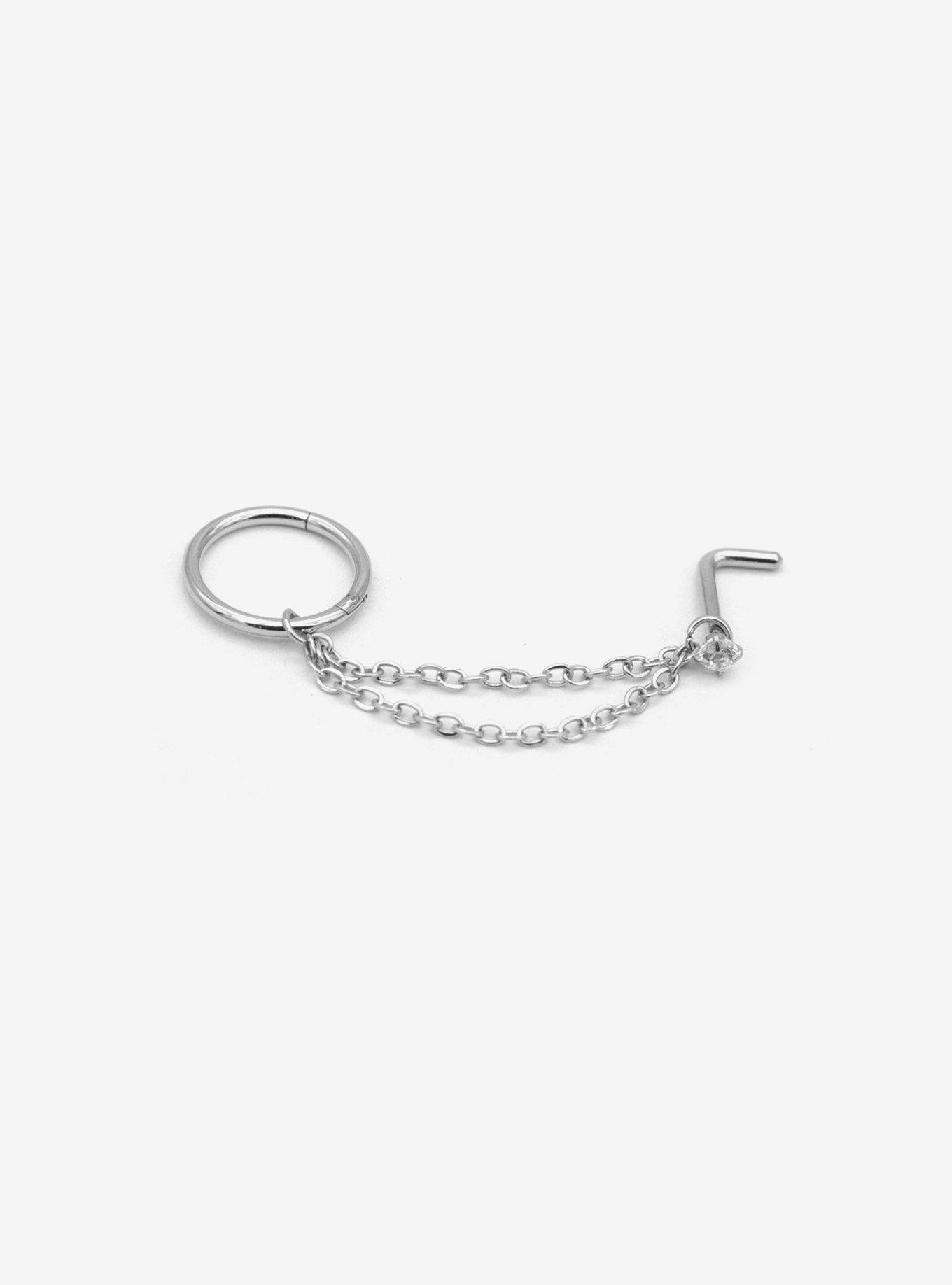 Steel Silver Nose Stud & Clicker Chain Set, , hi-res