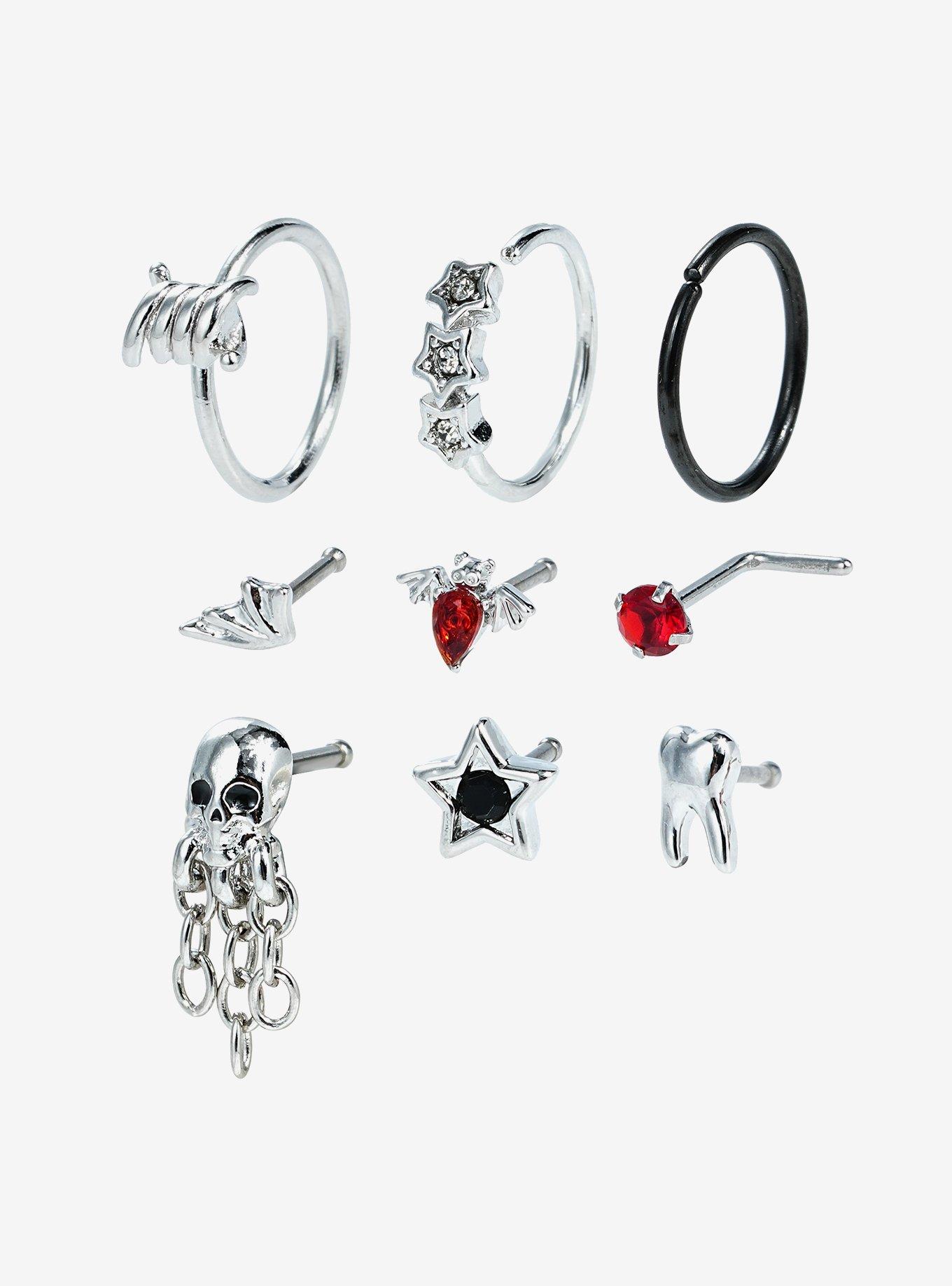 Steel Skull Bat Nose Stud & Hoop 9 Pack, , hi-res