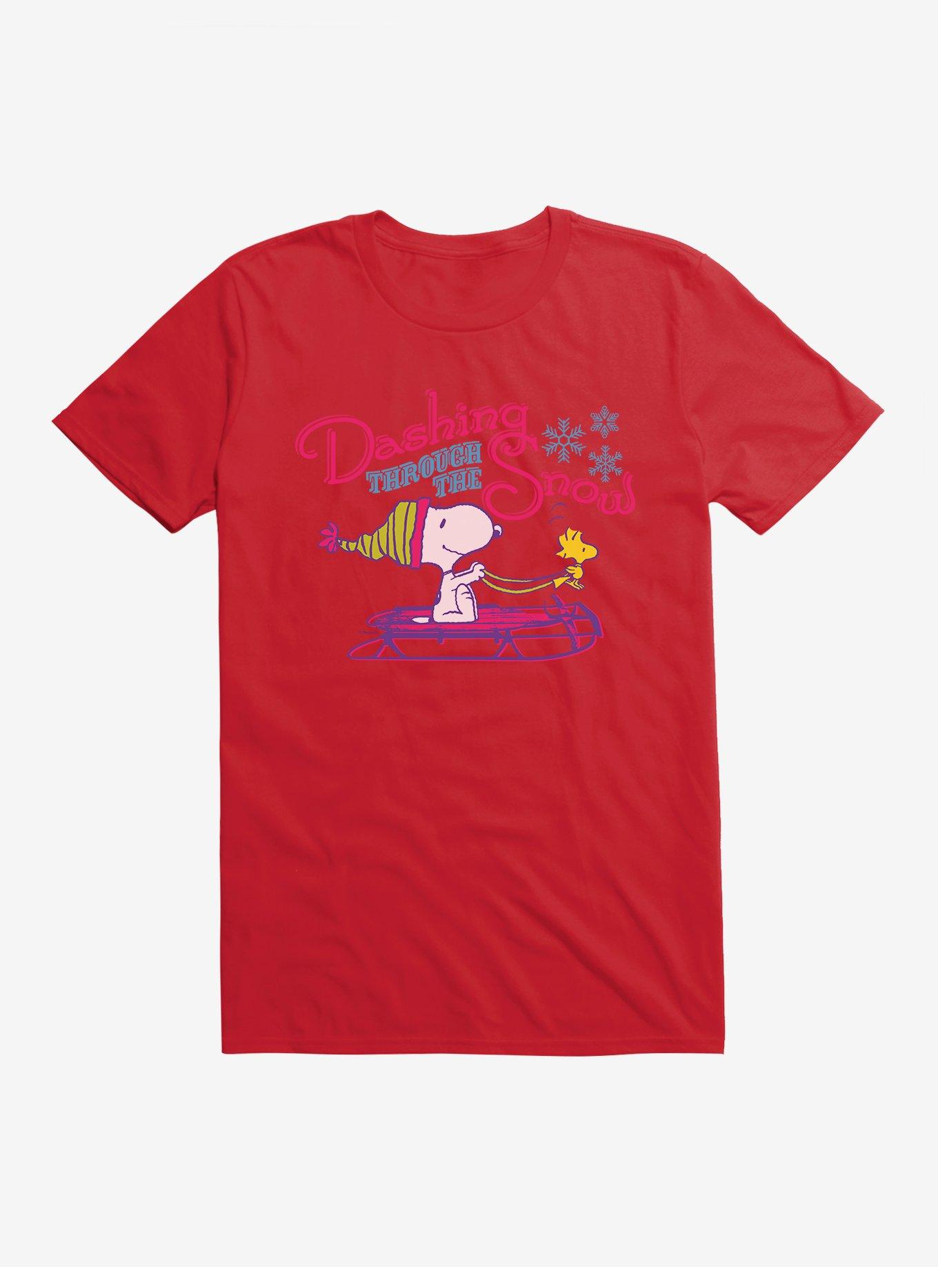 Peanuts Dashing Through The Snow Snoopy Woodstock T-Shirt, RED, hi-res