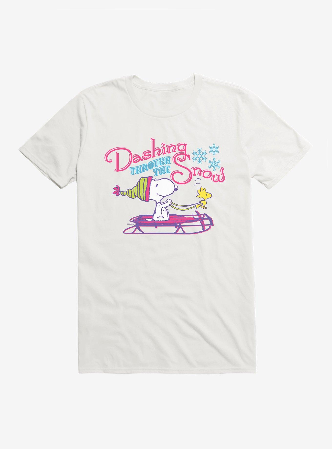Peanuts Dashing Through The Snow Snoopy Woodstock T-Shirt, WHITE, hi-res