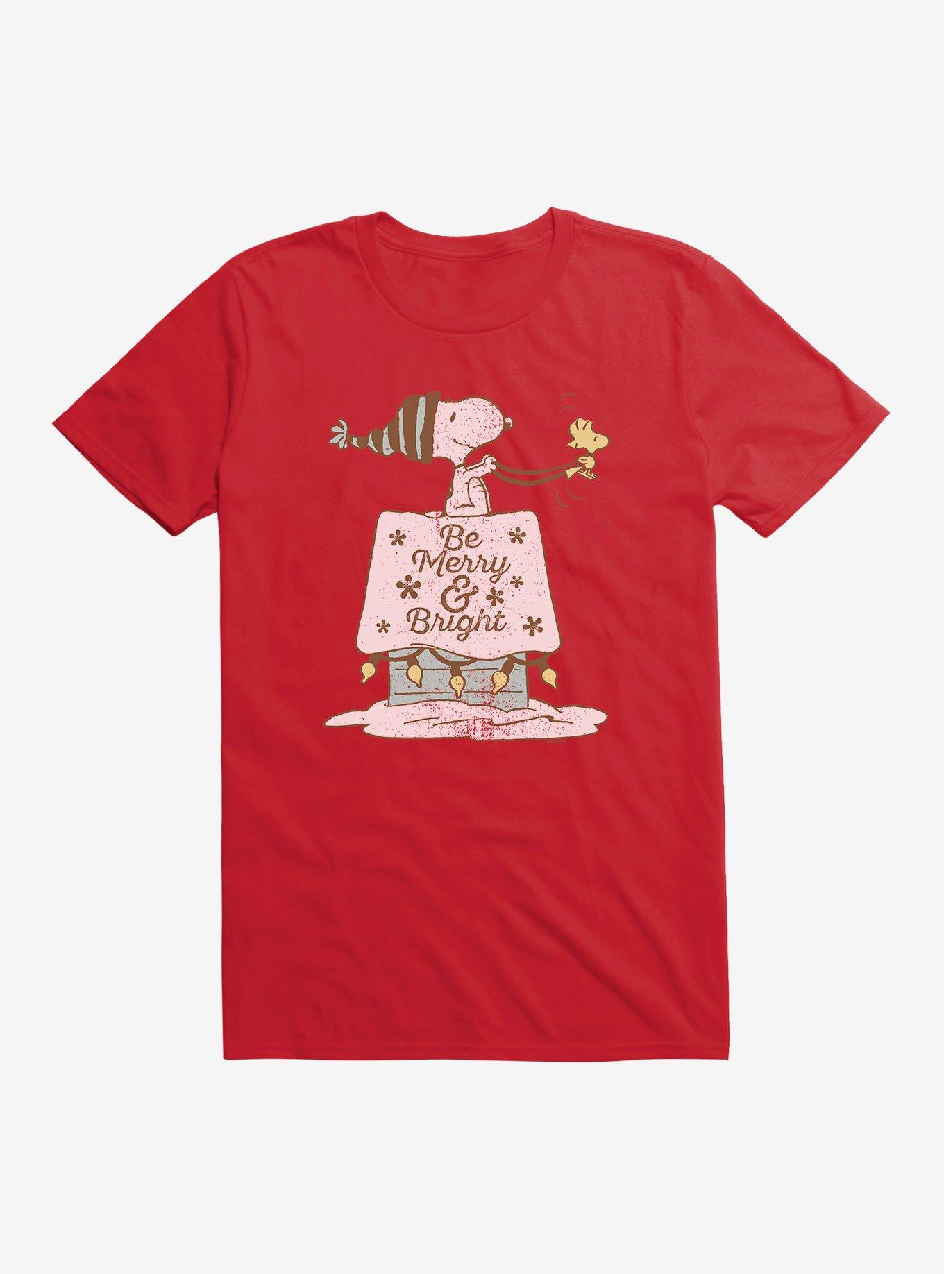 Peanuts Be Merry And Bright Snoopy Woodstock T-Shirt, RED, hi-res