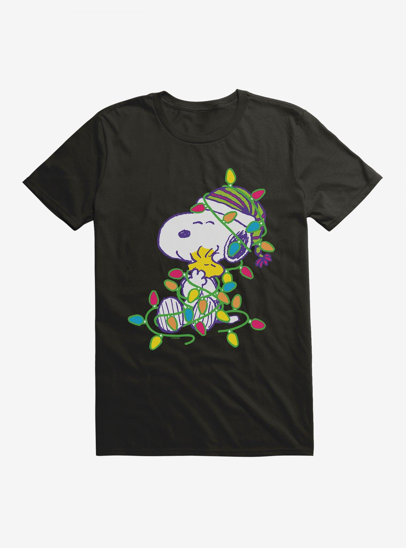 Peanuts Snoopy And Woodstock Wrapped In Lights T-Shirt, BLACK, hi-res
