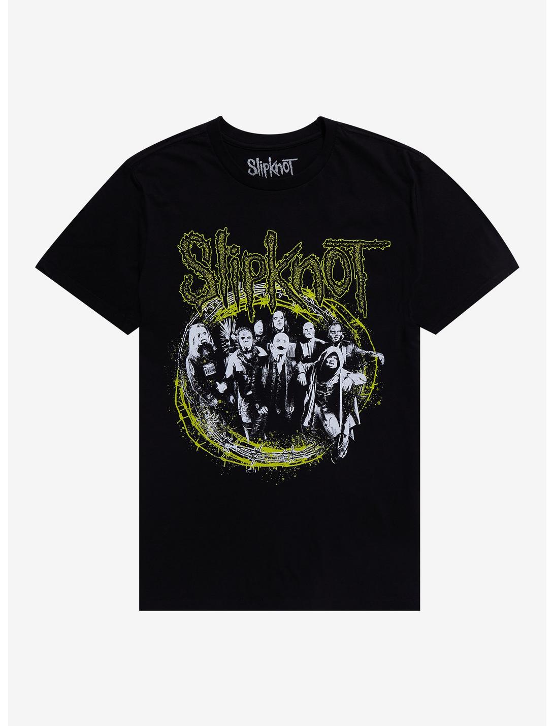Slipknot Yellow Barb Wire Group Photo T-Shirt, BLACK, hi-res
