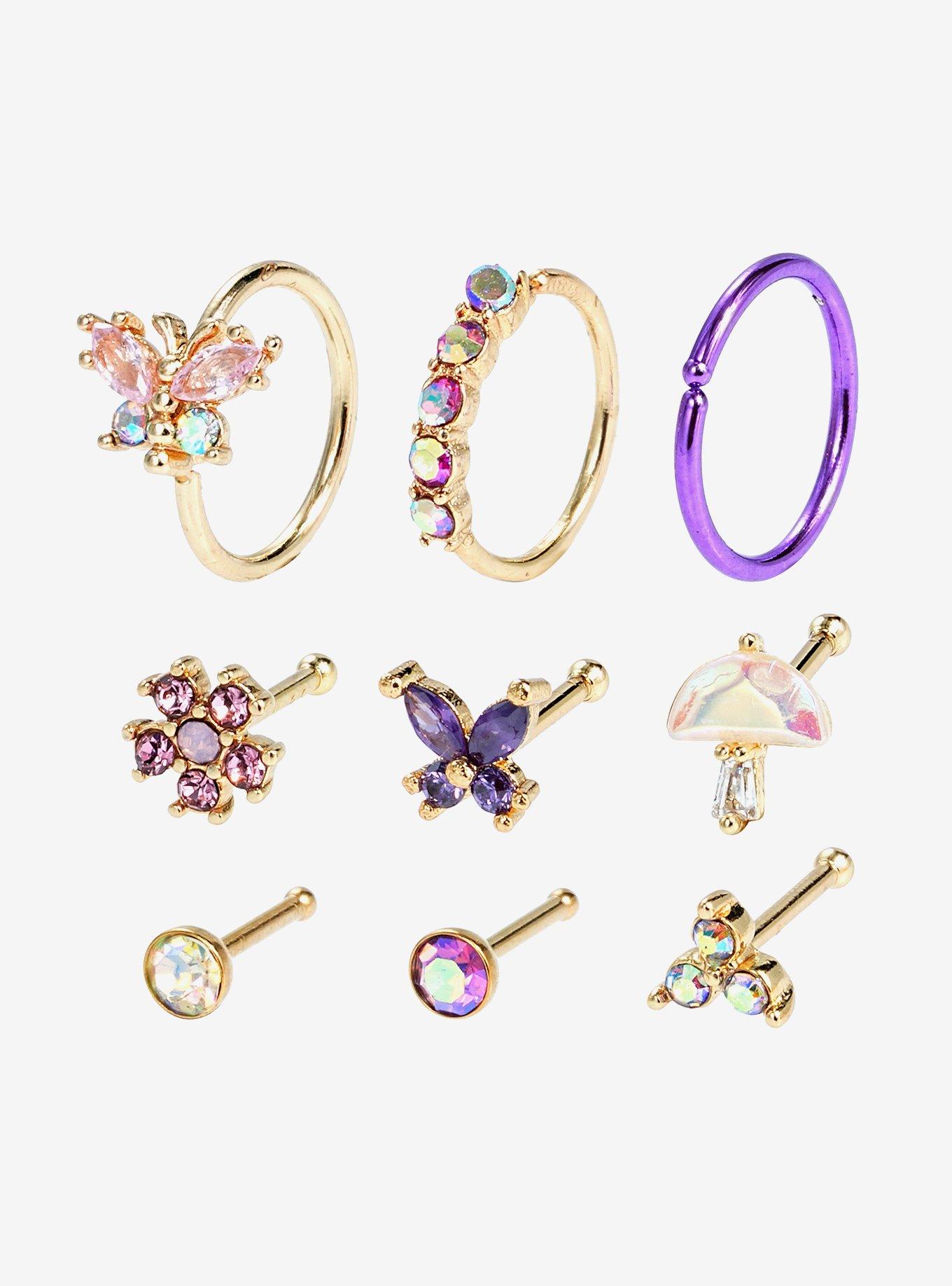 Steel Mix Gem Butterfly Nose Stud & Hoop 9 Pack, MULTI, hi-res
