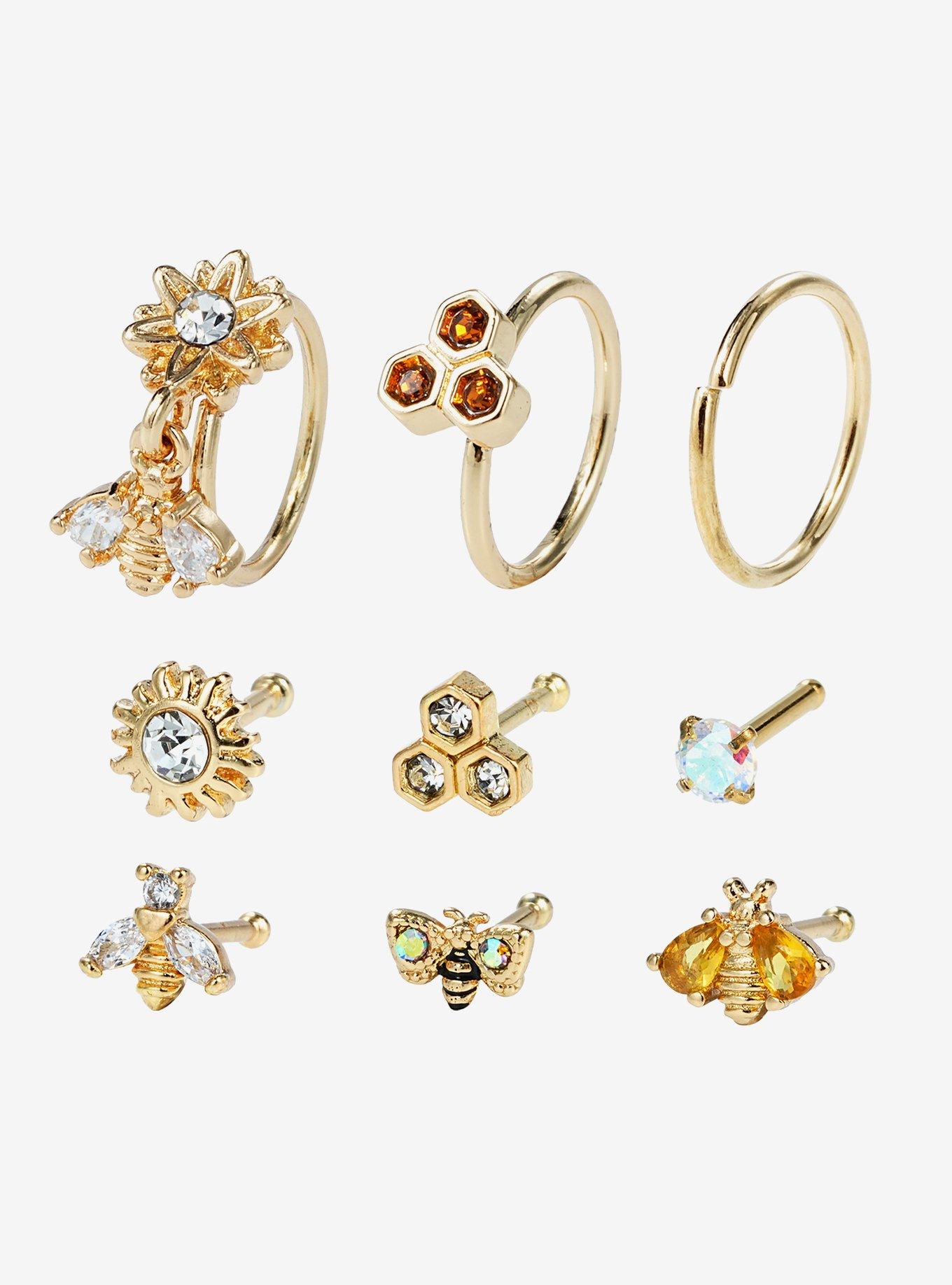 Steel Gold Bee Honeycomb Nose Stud & Hoop 9 Pack, , hi-res