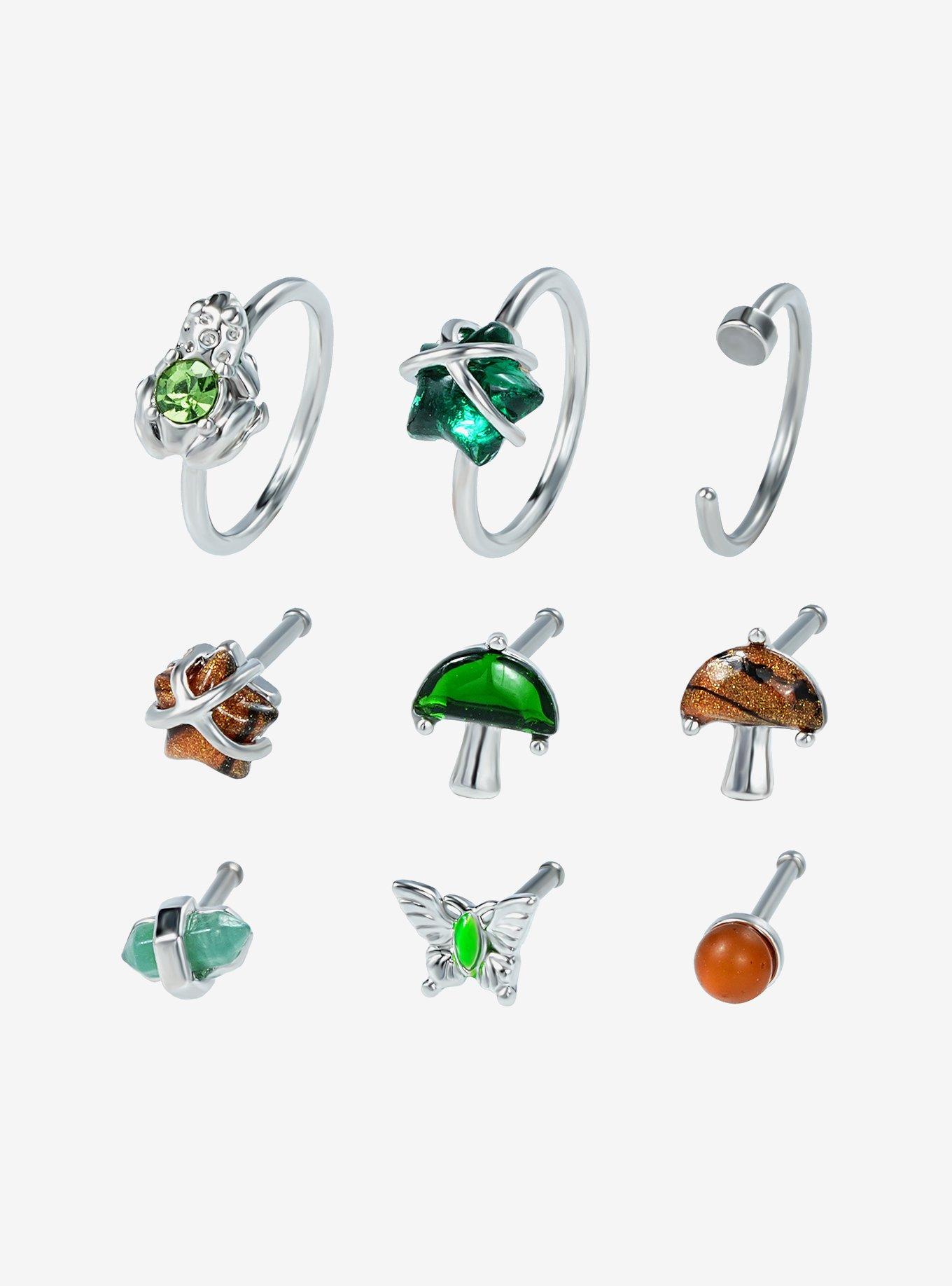 Steel Silver Butterfly Mushroom Nose Stud & Hoop 9 Pack, , hi-res