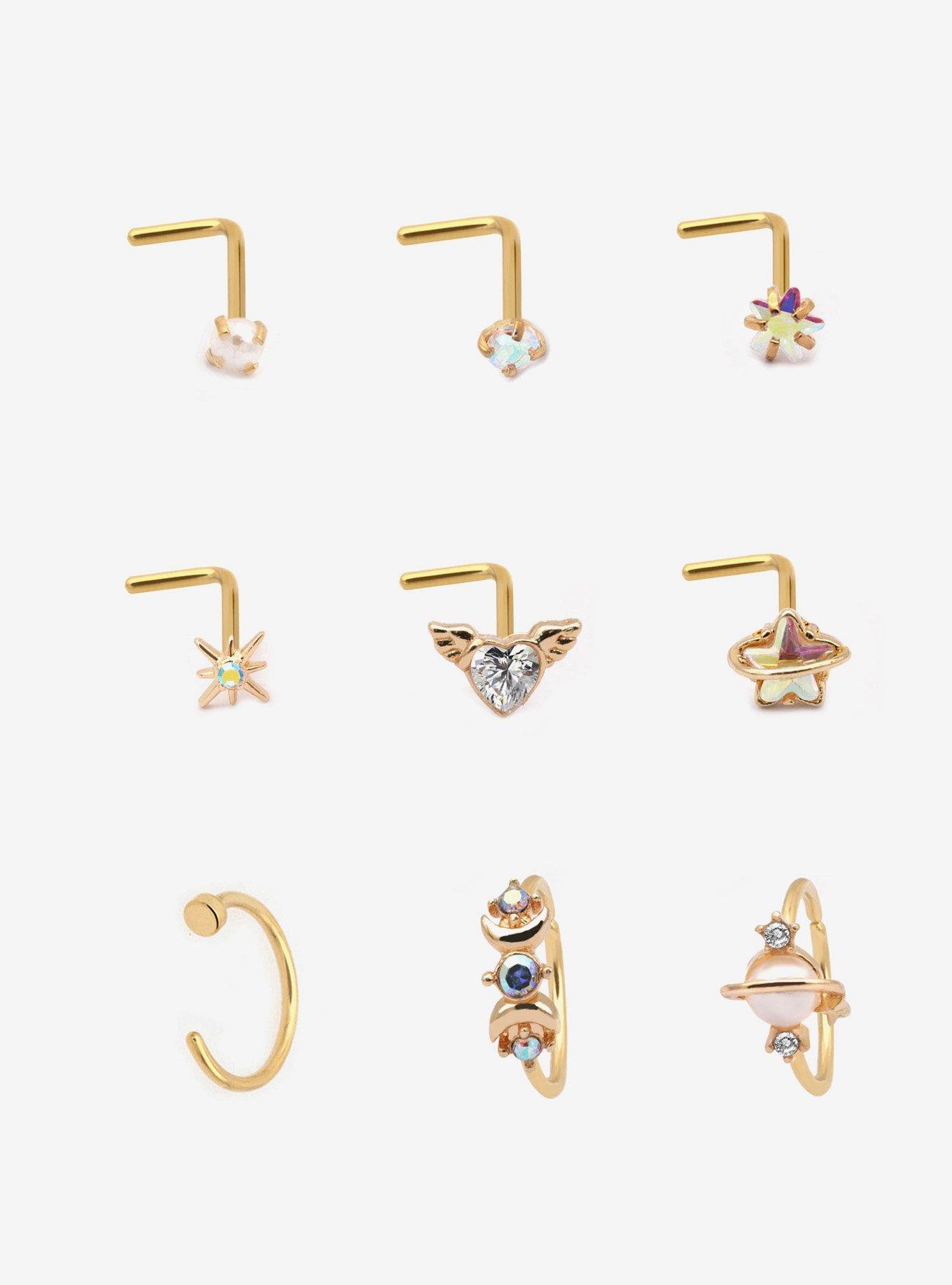 Steel Gold Star Planet Nose Stud & Hoop 9 Pack, , hi-res