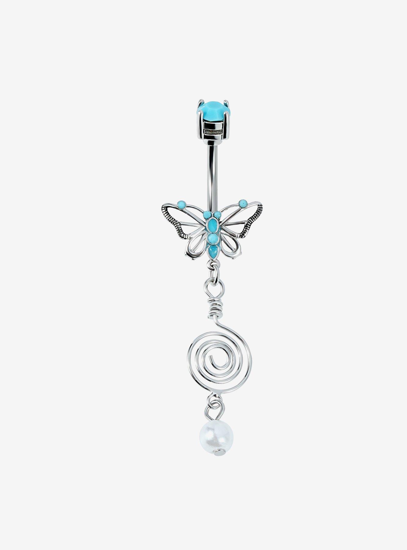 14G Steel Turquoise Butterfly Navel Barbell, , hi-res