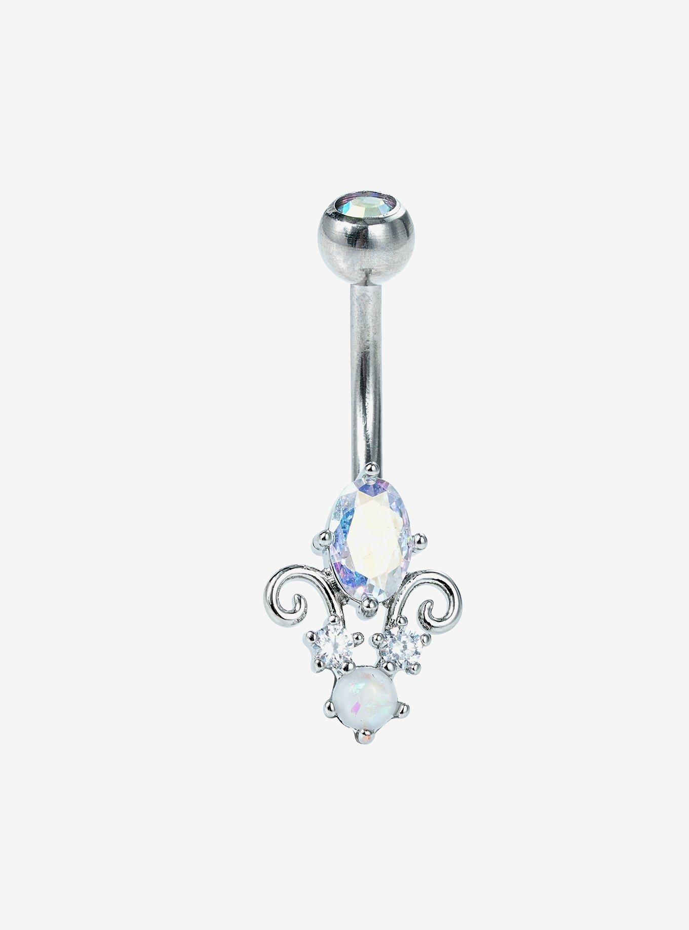 14G Steel Silver Filigree Gem Navel Barbell, , hi-res