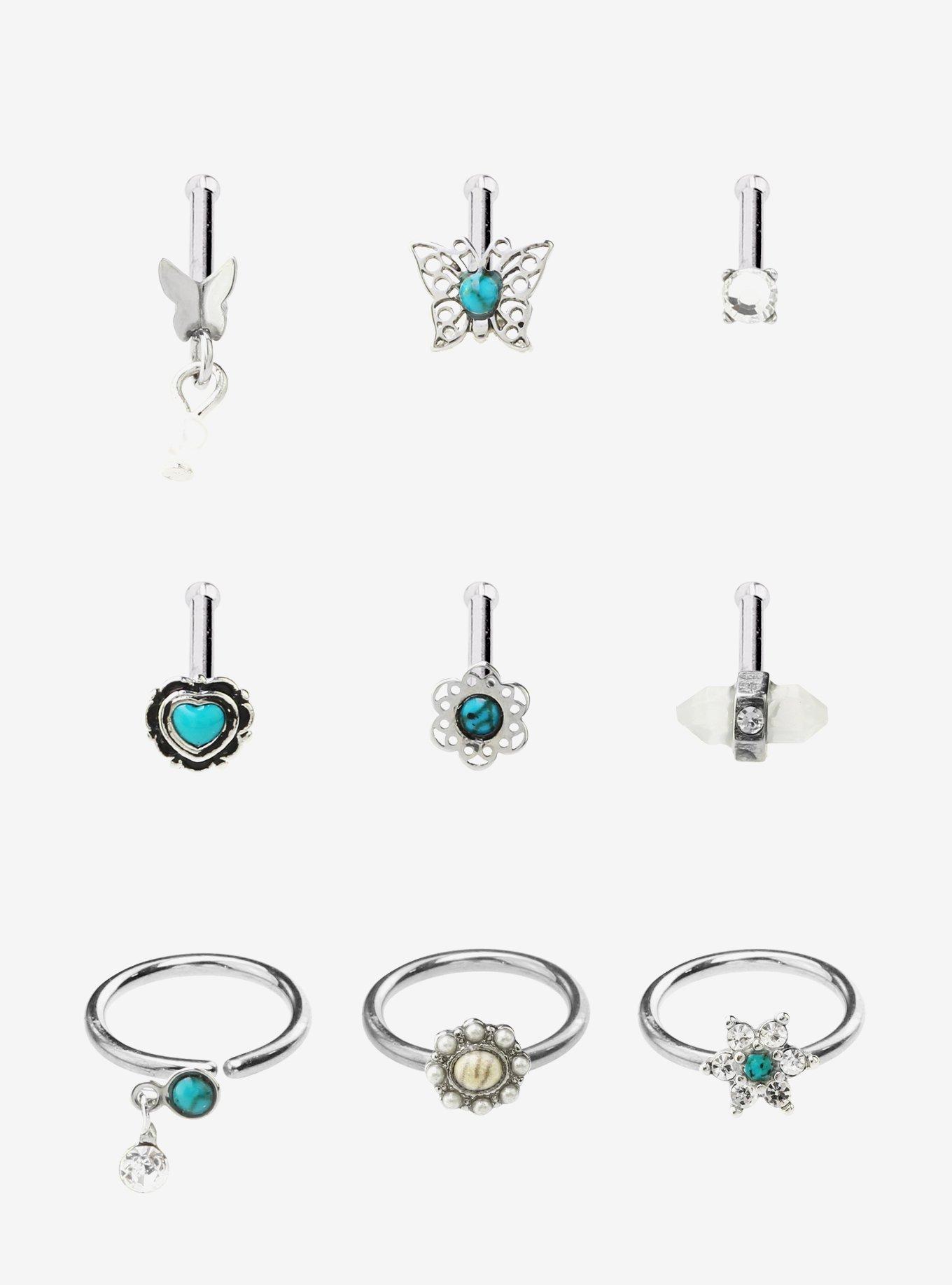 Steel Turquoise Butterfly Nose Stud & Hoop 9 Pack, MULTI, hi-res