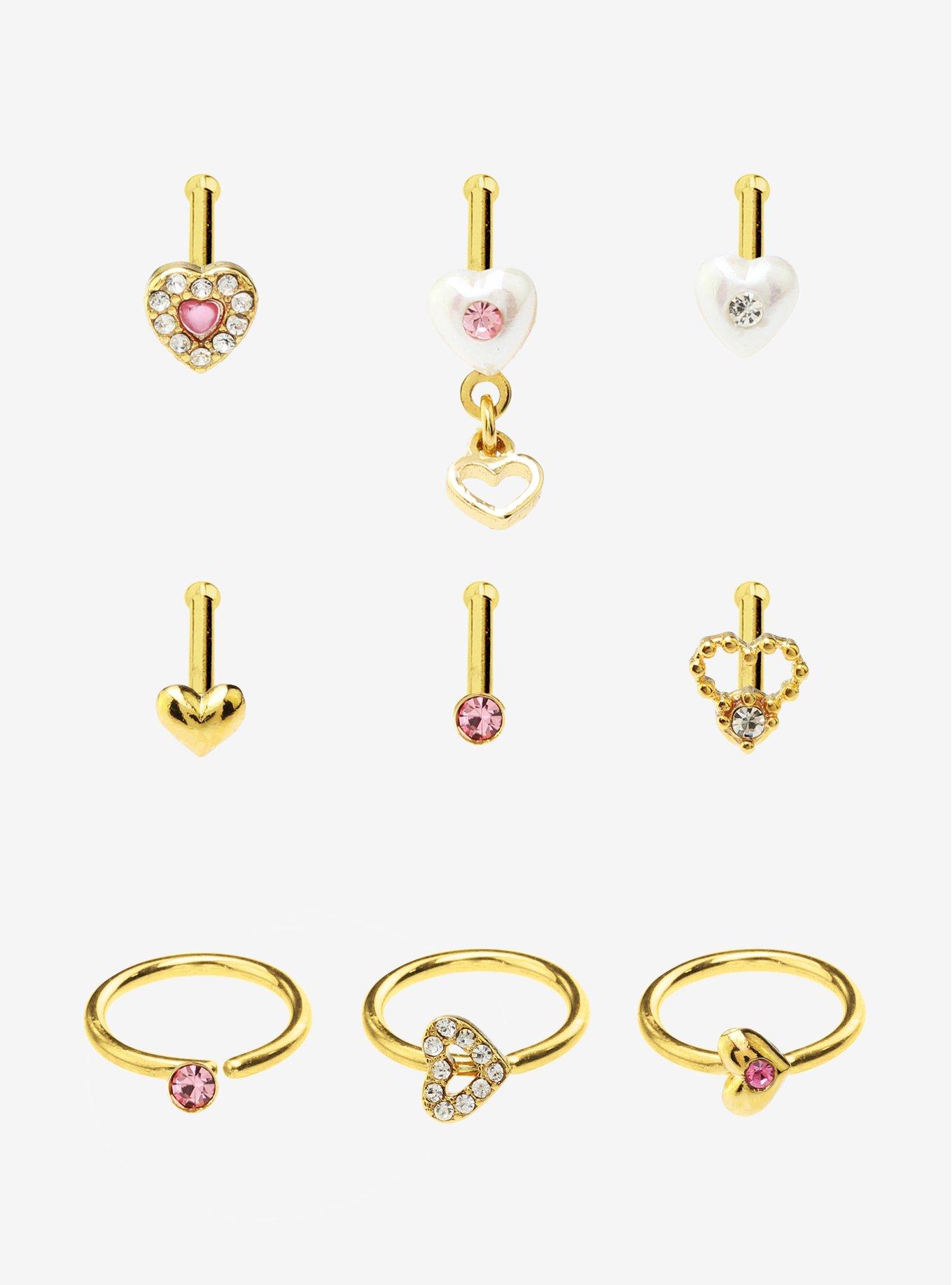 Steel Gold Heart Gem Nose Stud & Hoop 9 Pack, , hi-res