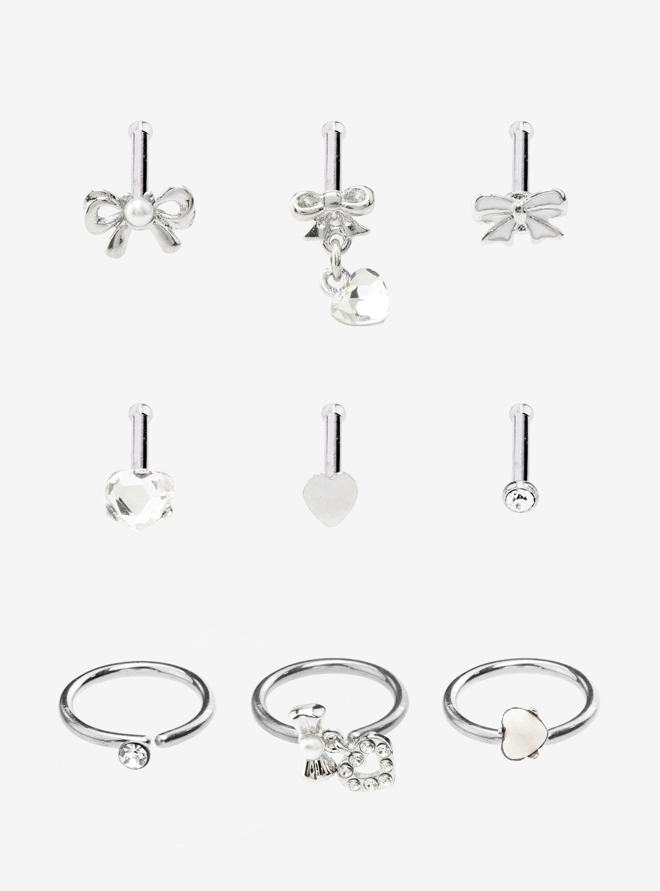 Steel Bow Heart Nose Stud & Hoop 9 Pack, , hi-res