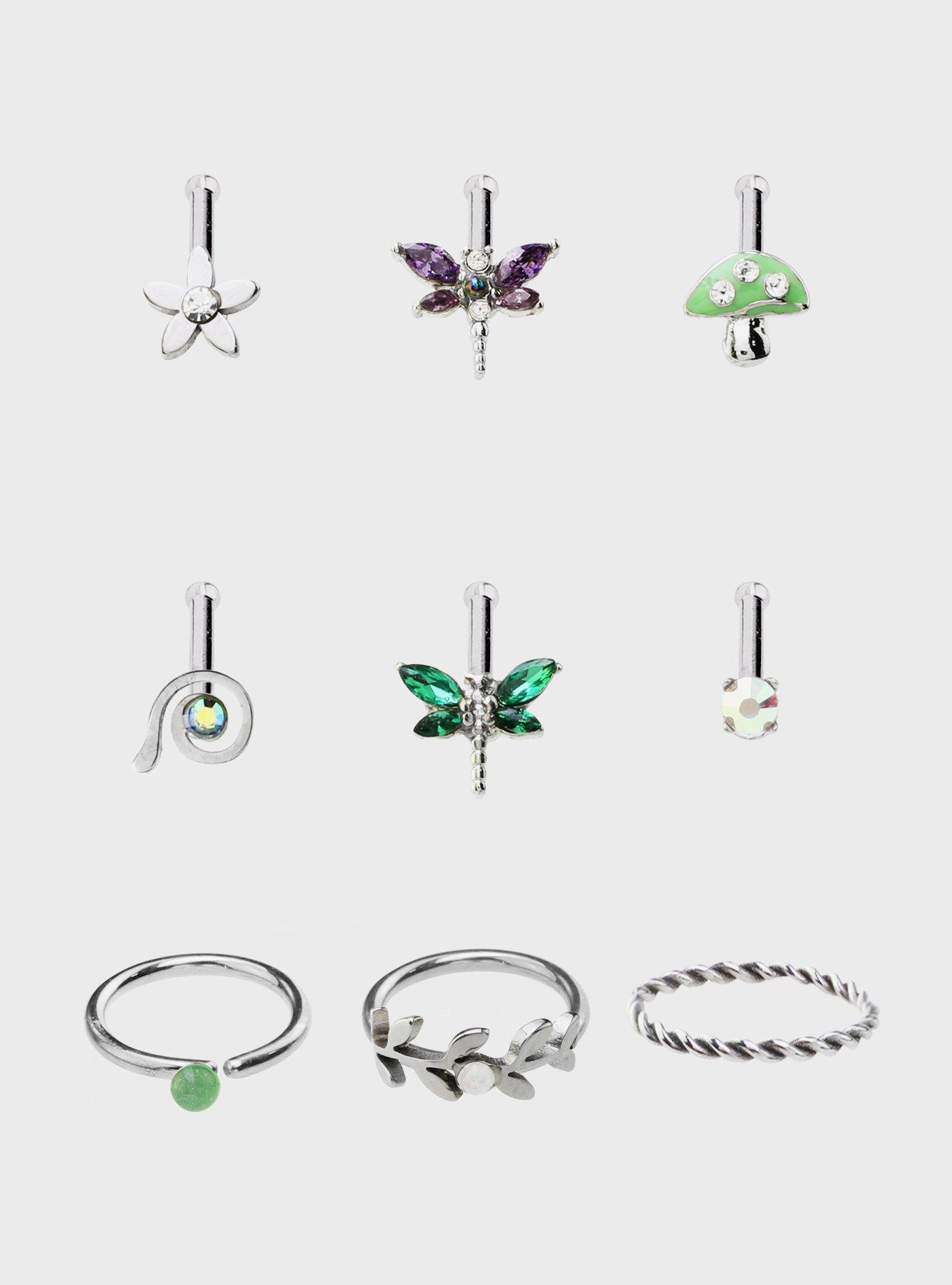 Steel Mushroom Dragonfly Spiral Nose Stud & Hoop 9 Pack, MULTI, hi-res