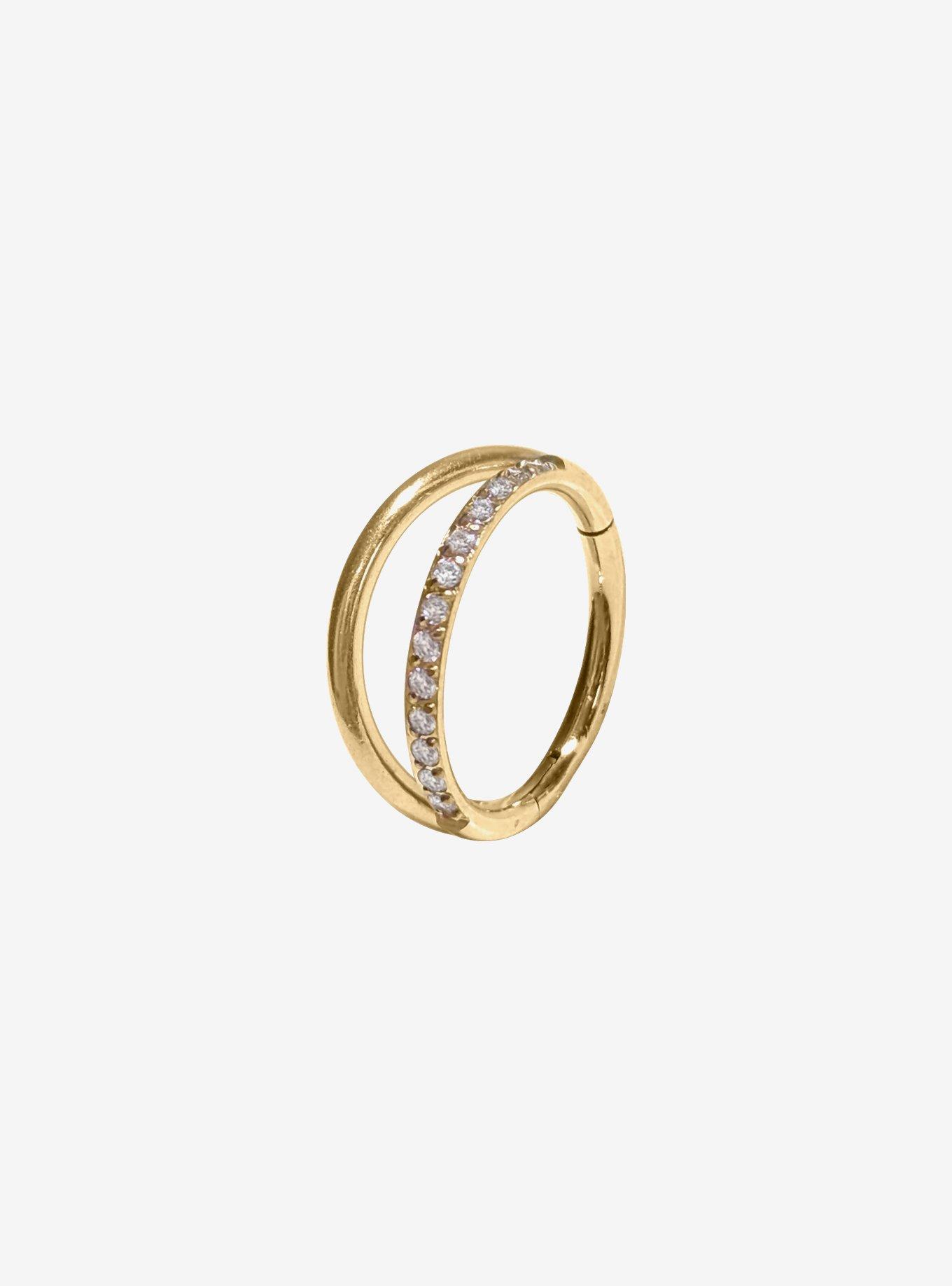 Steel Gold CZ Gem Double Hoop Hinged Clicker, , hi-res